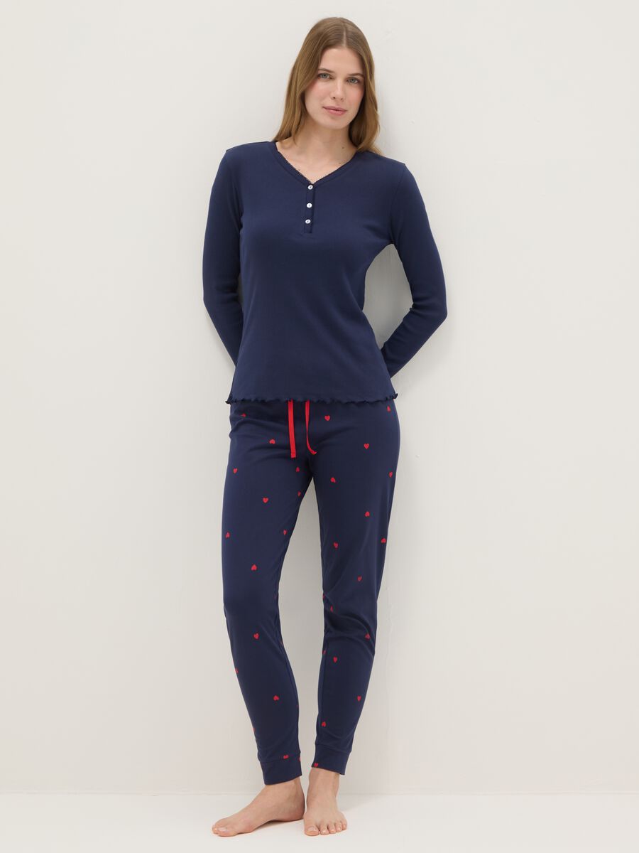 T-shirt &agrave; manches longues en coton bleu pur coupe r&eacute;guli&egrave;re avec col Henley_0