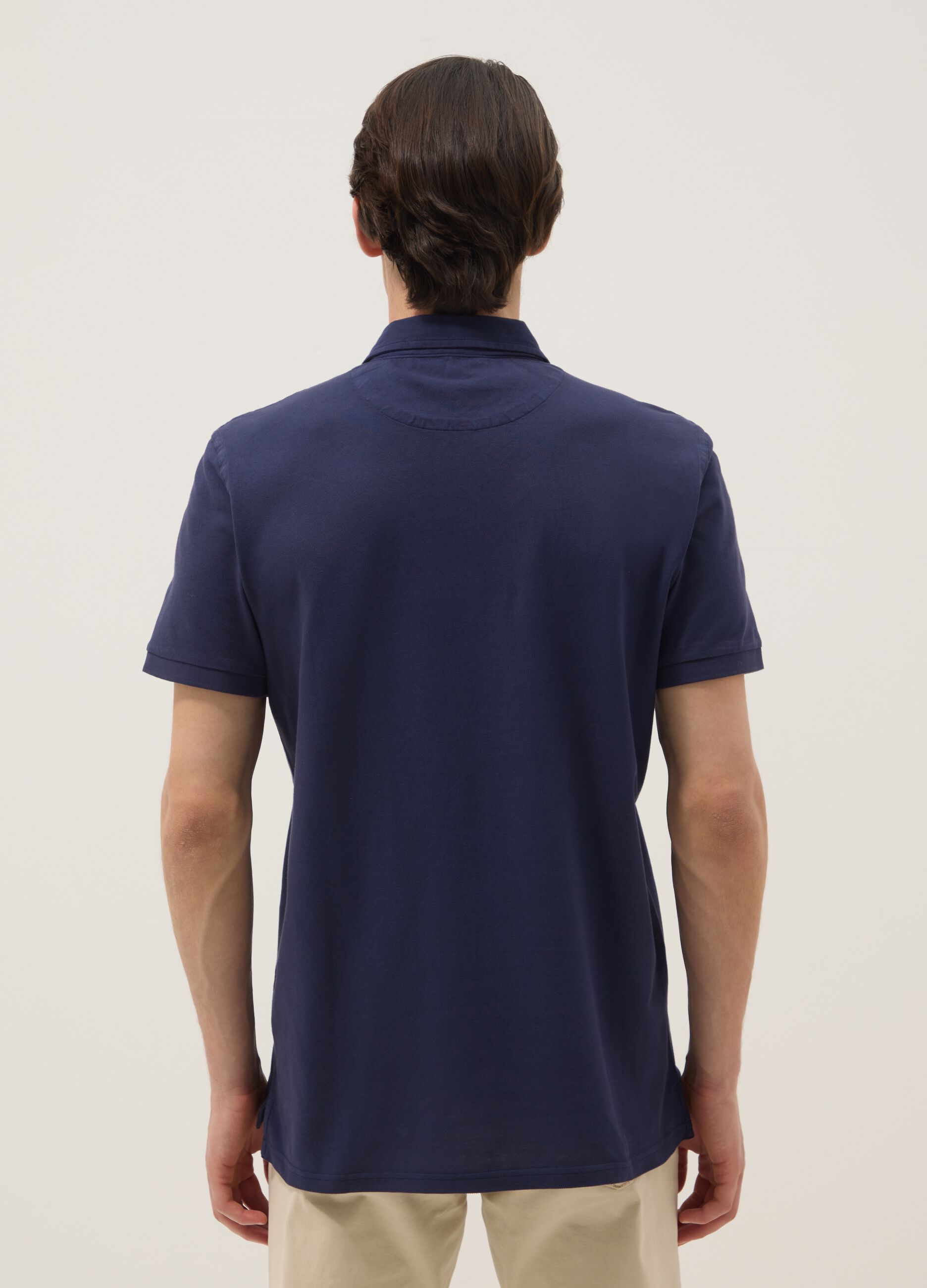 Polo azul em algod&atilde;o puro slim fit de manga curta