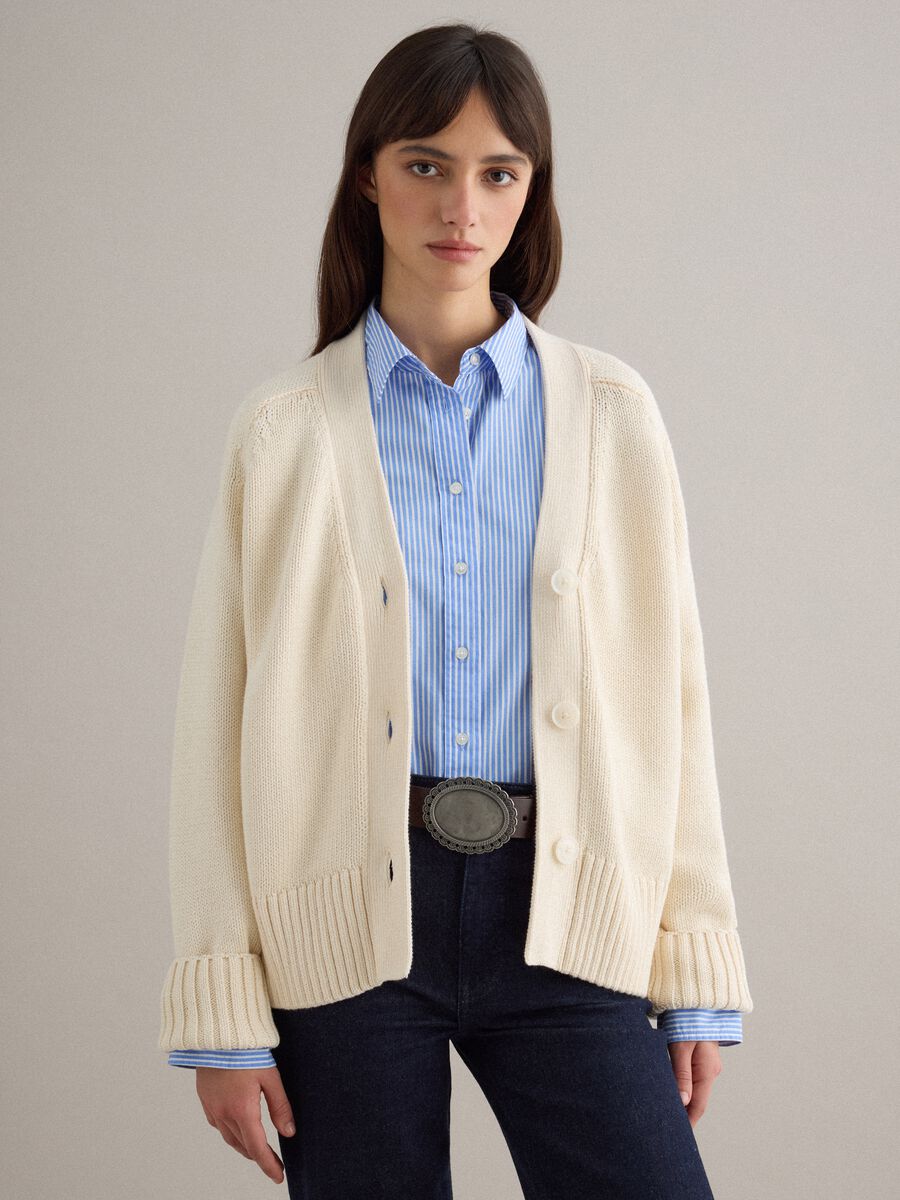 Beige cardigan in pure cotton oversized fit with deep V-neck_1
