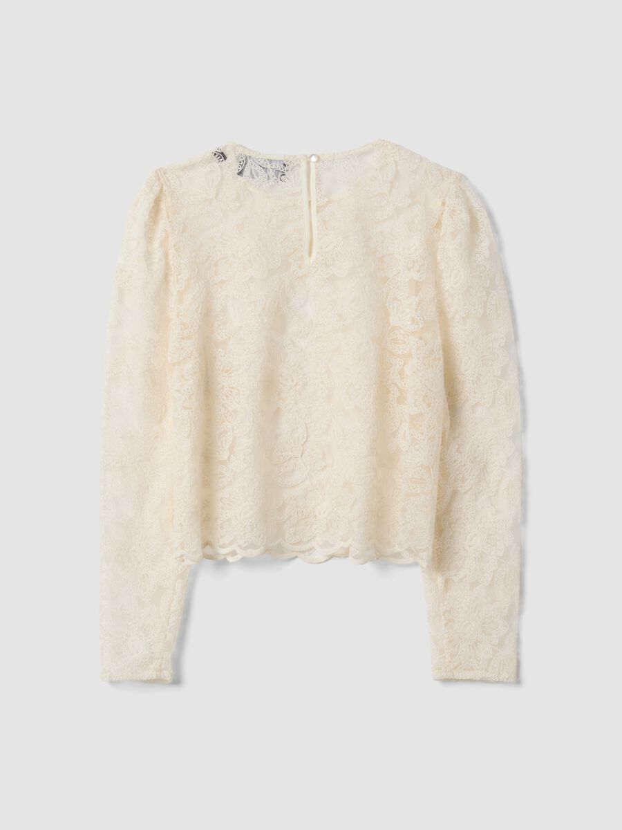 White cotton-blend blouse with floral lace, slim fit_6
