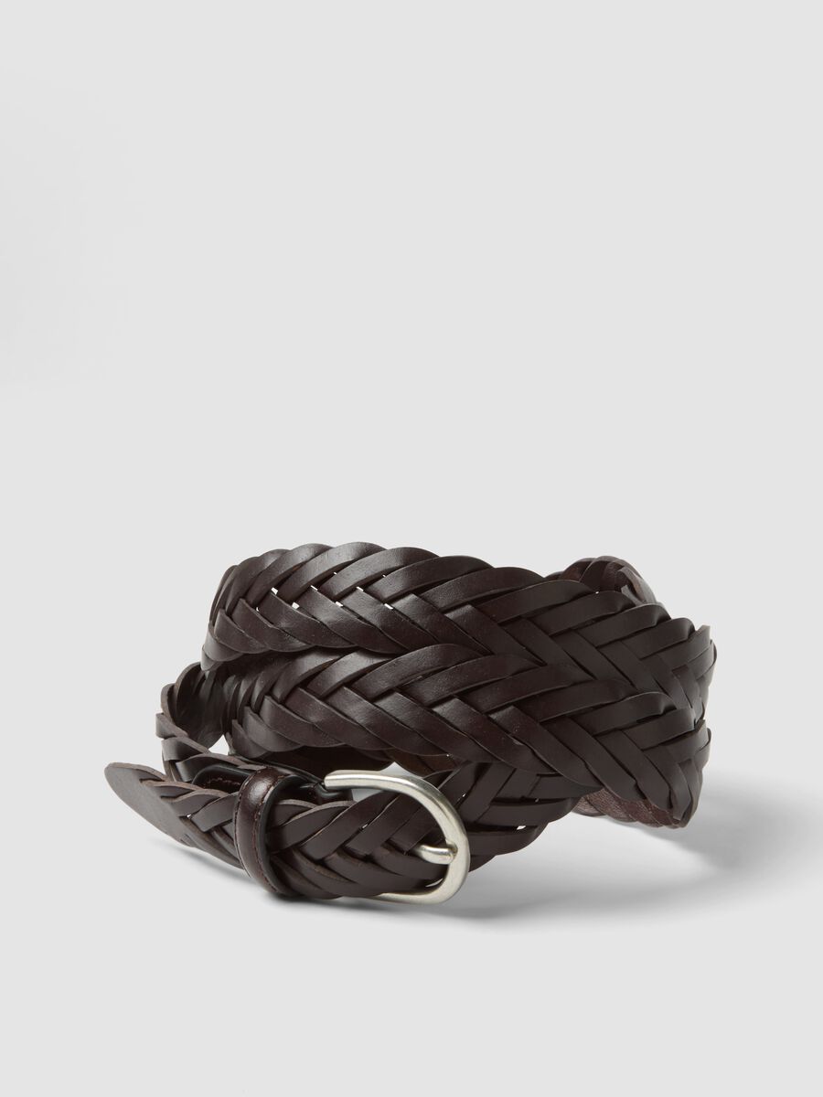 Dark brown braided belt with metal buckle_3