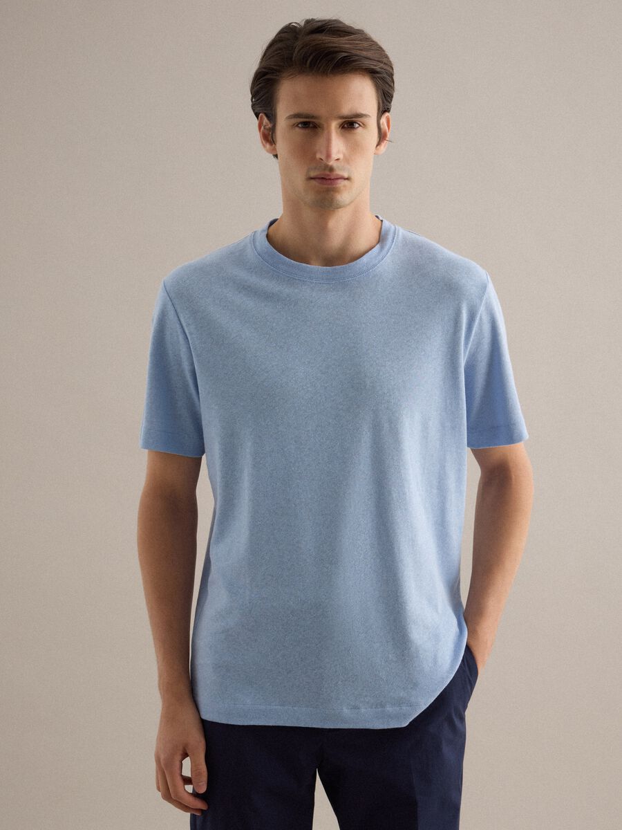 Regular fit light blue linen-cotton blend T-shirt_1