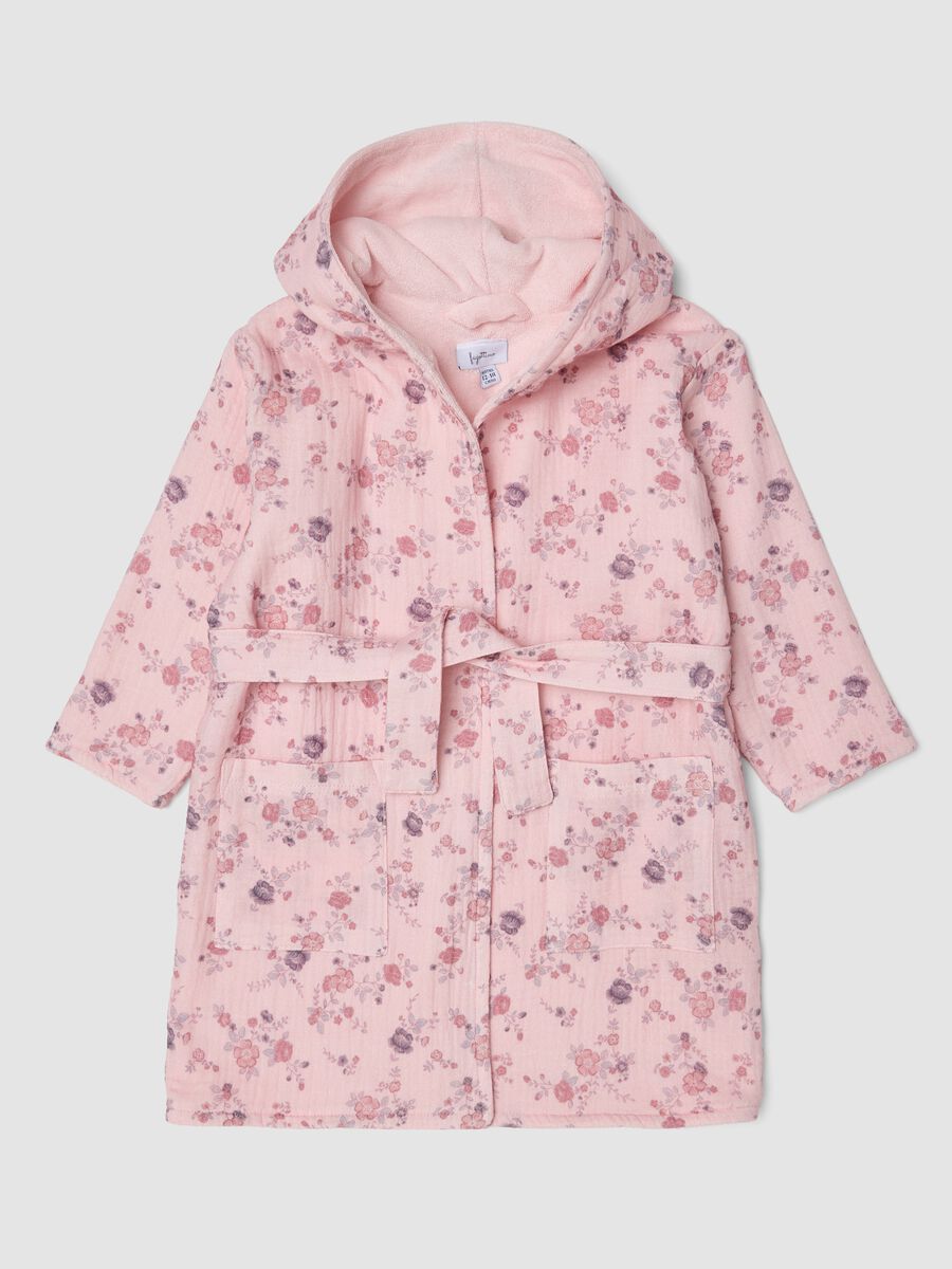 Pink floral organic cotton hooded bathrobe for baby girl_0