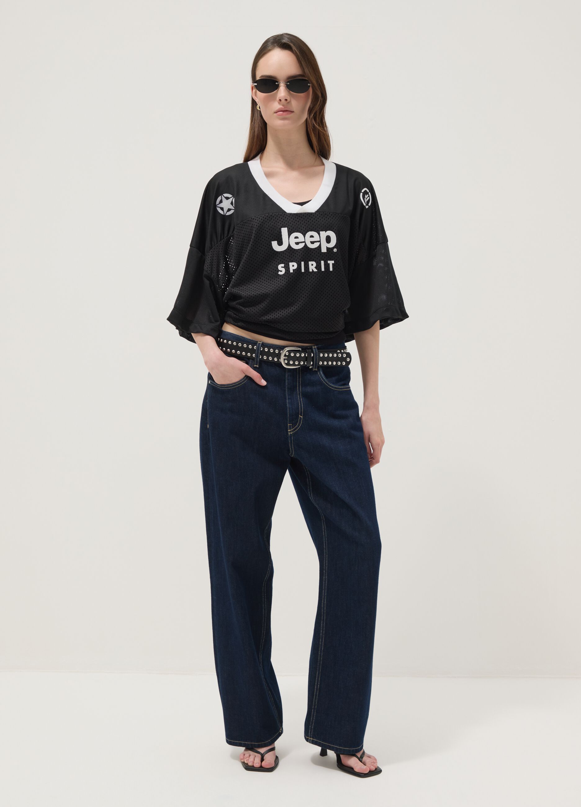 Black short-sleeve T-shirt with perforated insert, regular fit