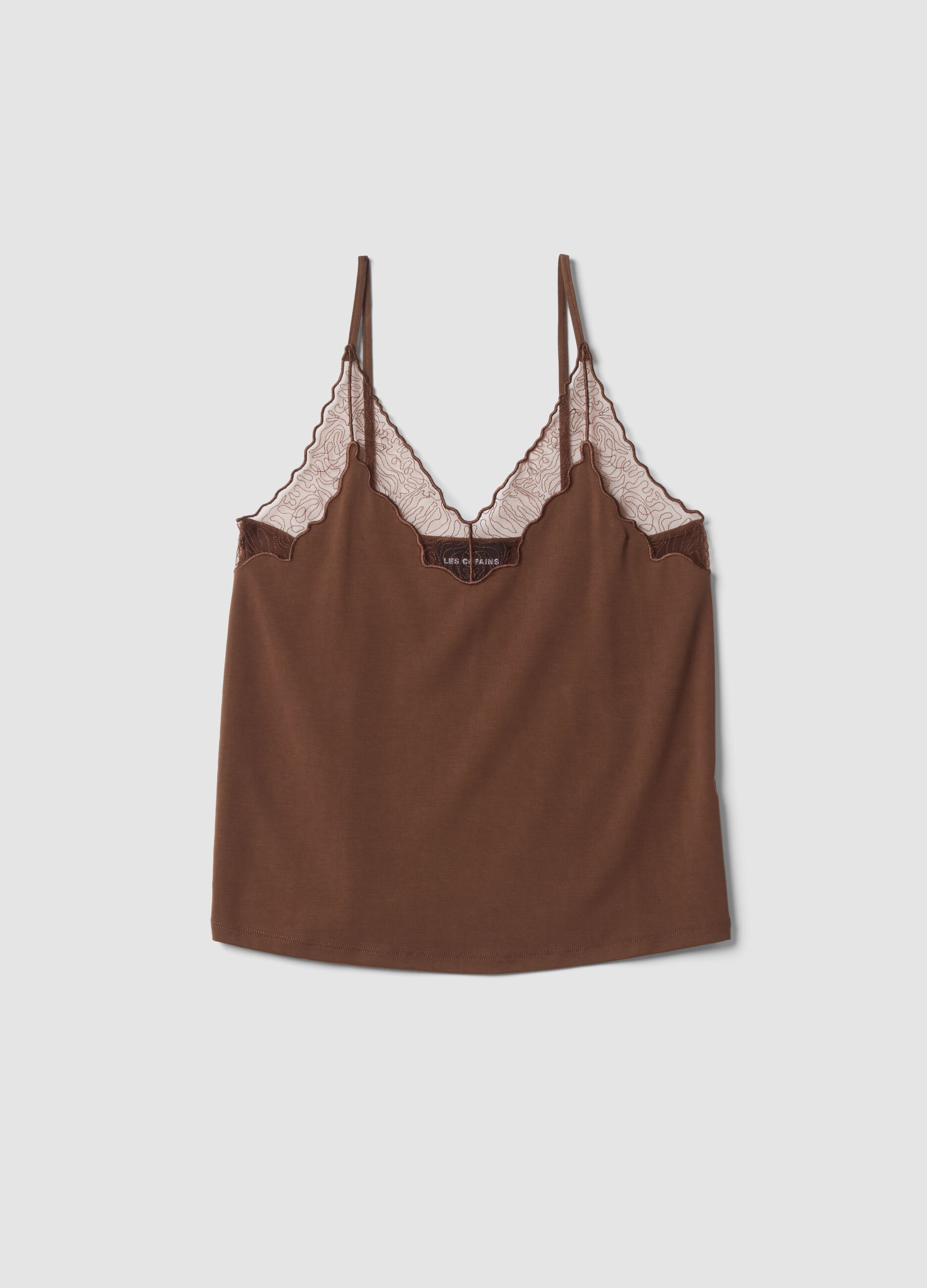 Tank top marrone in viscosa elasticizzata con pizzo e scollo a V