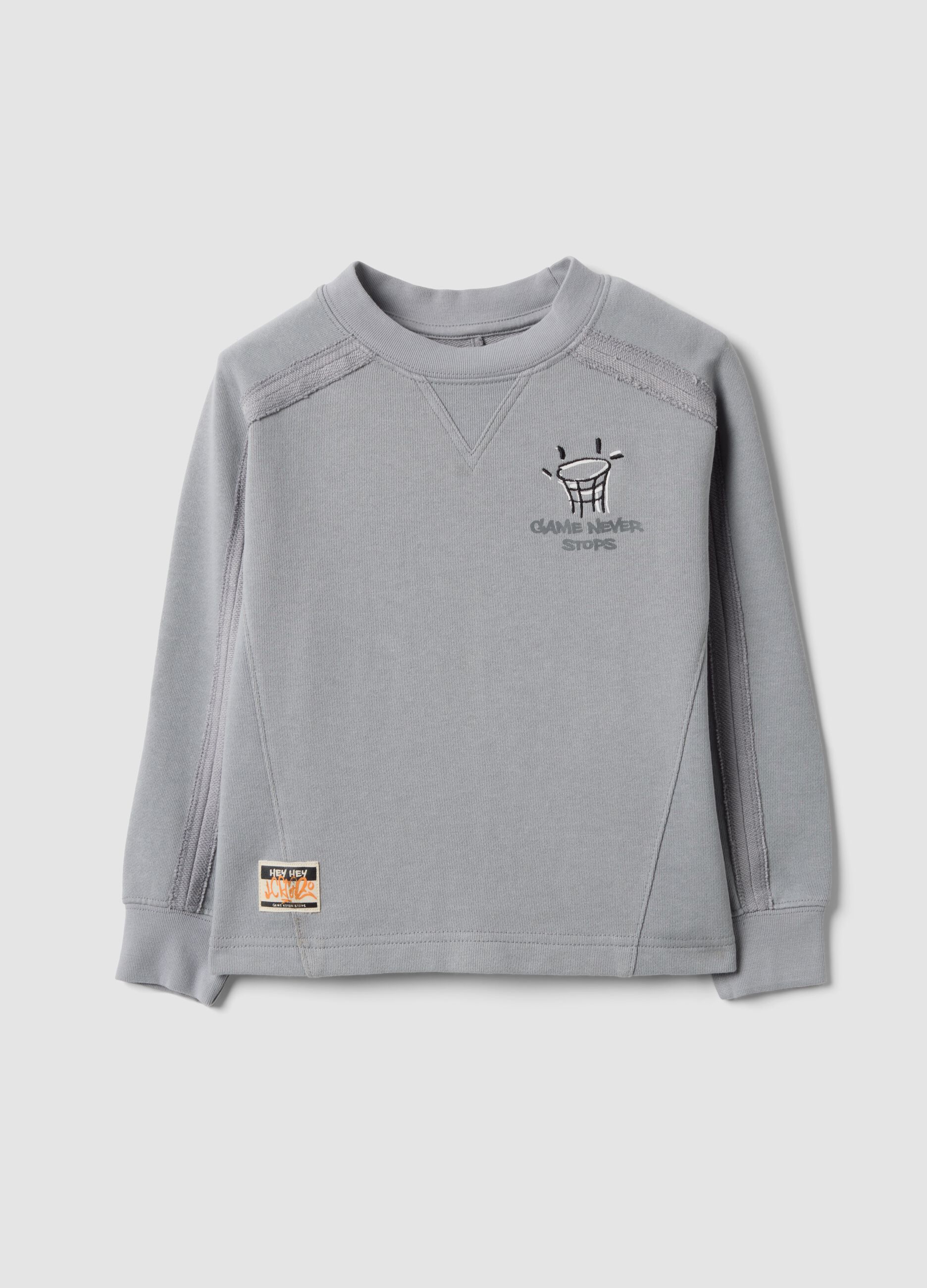 Grey cotton-blend crew-neck sweatshirt with print for boys, oversized fit