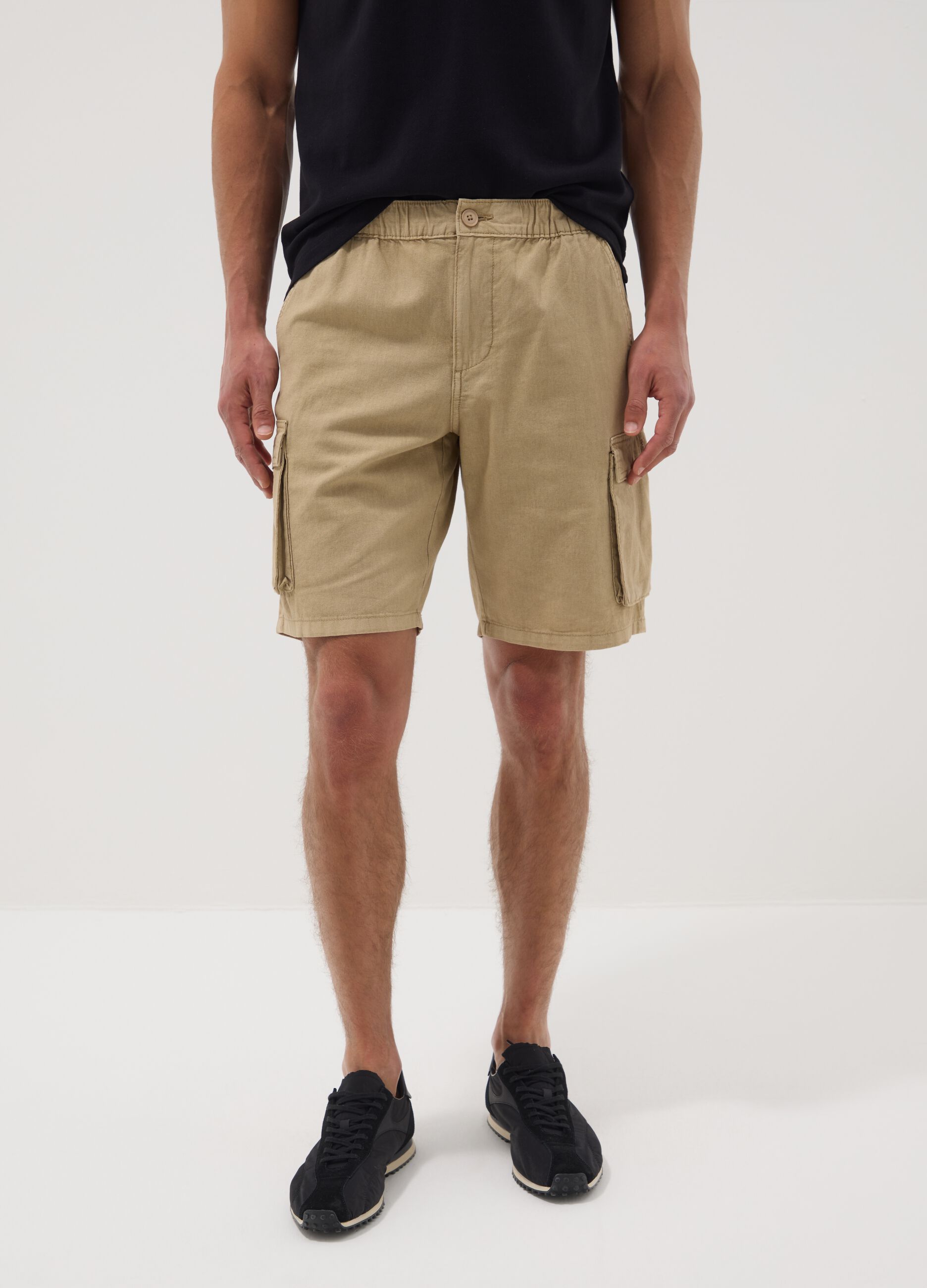 Beige linen-blend cargo Bermuda shorts
