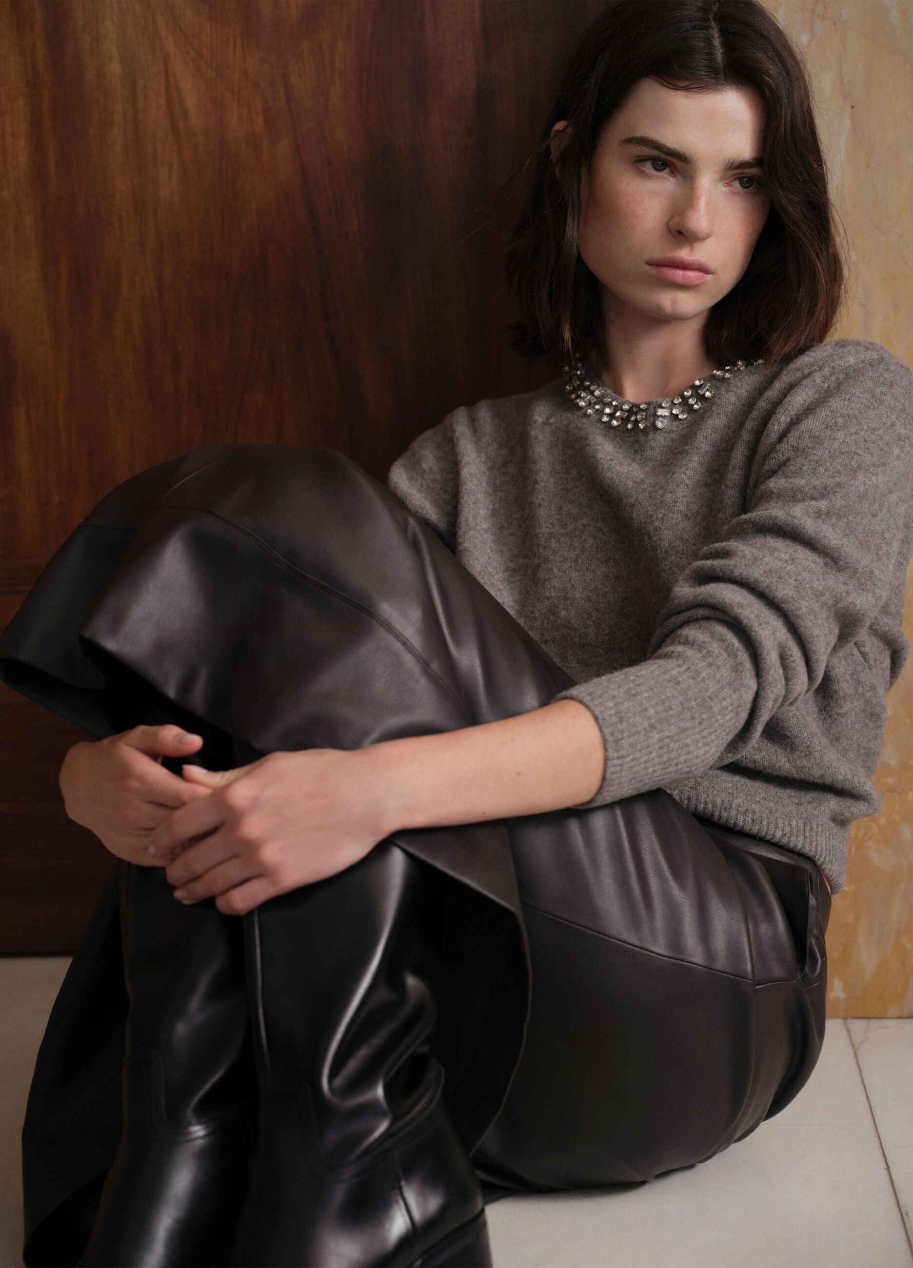 Grey regular fit jumper with jewel neckline