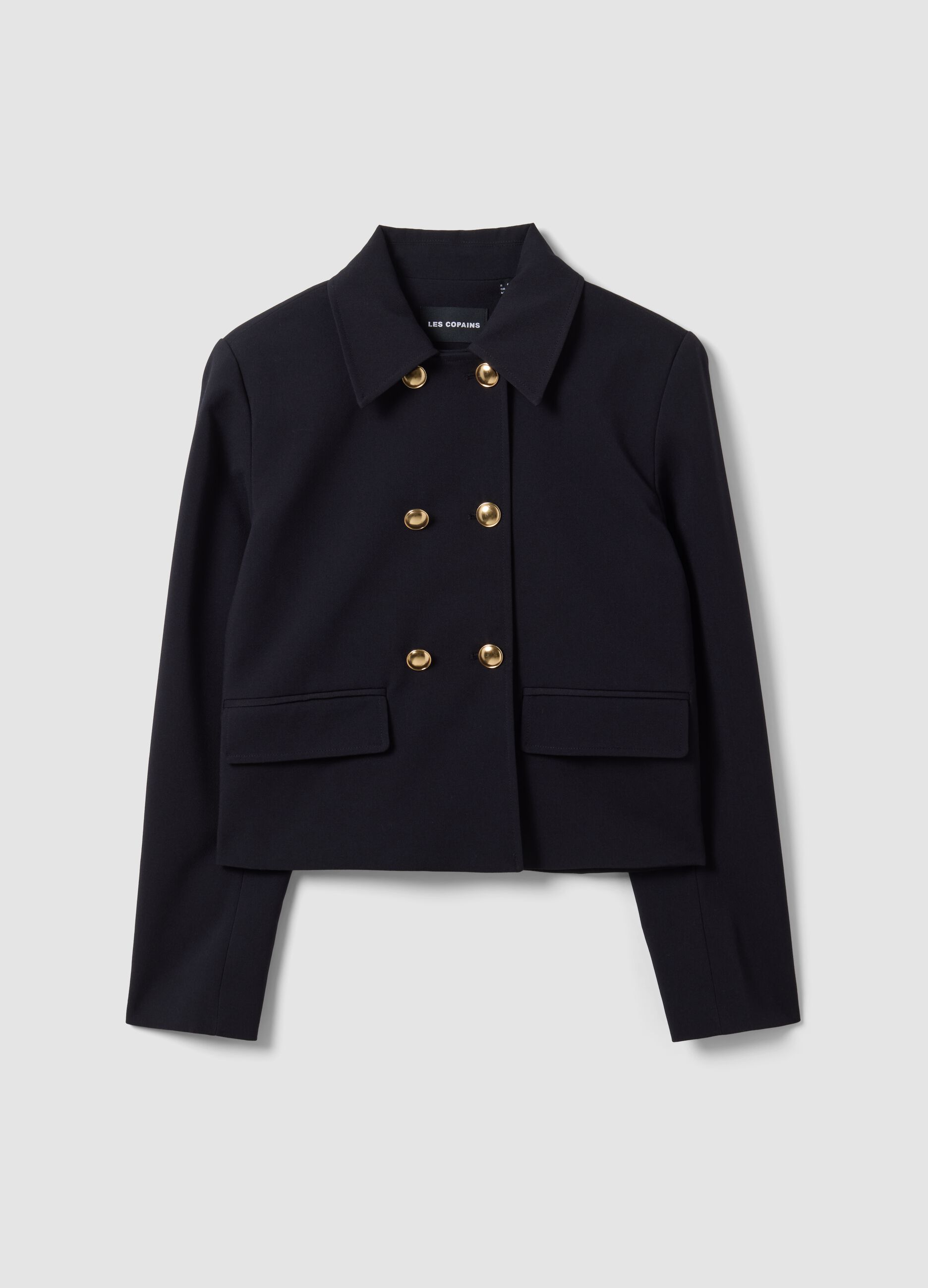 Blue double-breasted stretch viscose blazer with gold-tone buttons