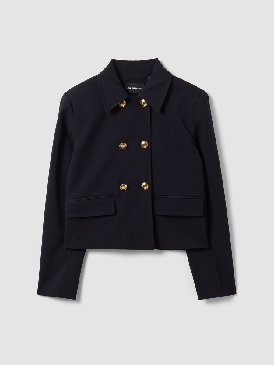 Blue double-breasted stretch viscose blazer with gold-tone buttons_0