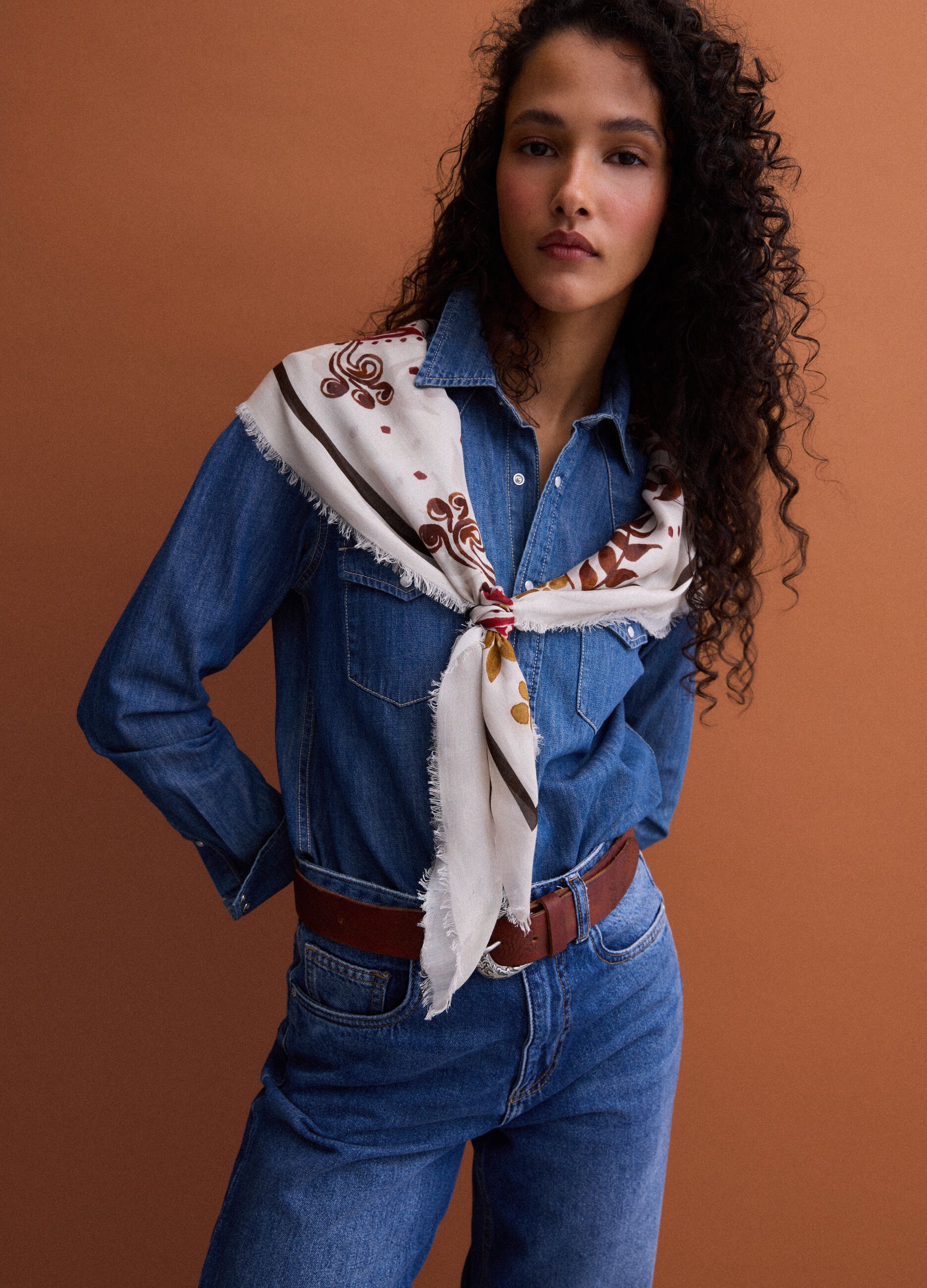 Blue pure cotton denim shirt, regular fit