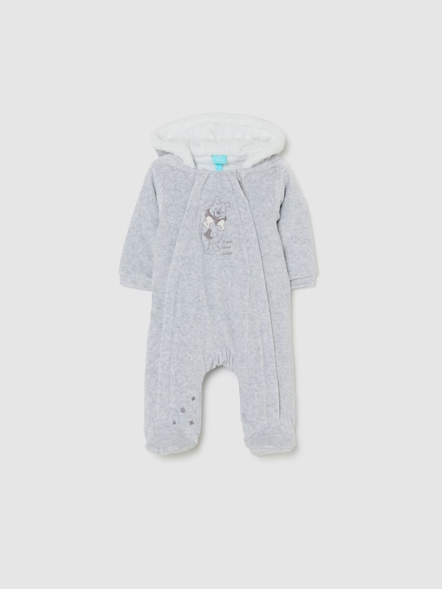 Grey newborn cotton blend playsuit with hood and embroidery_0