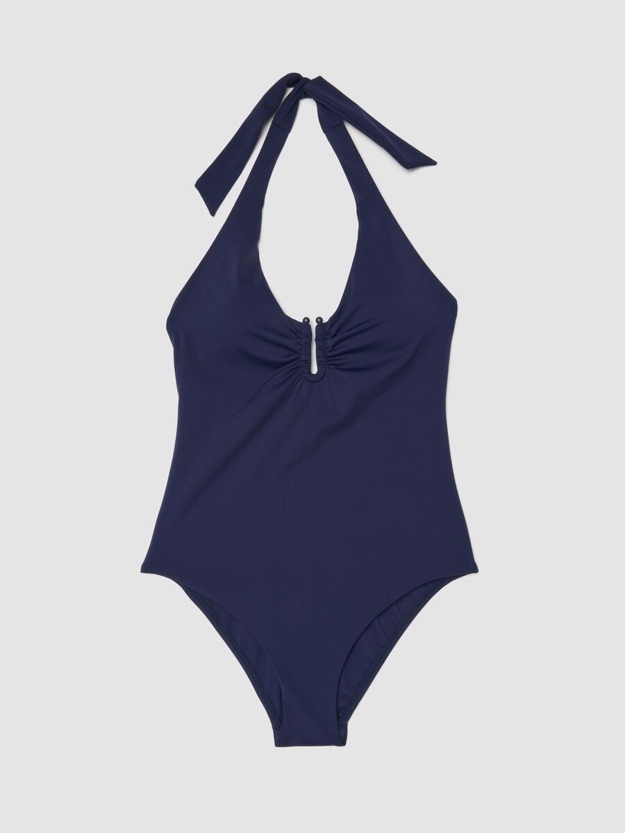 Blue stretch fabric swimsuit with halterneck ties_0