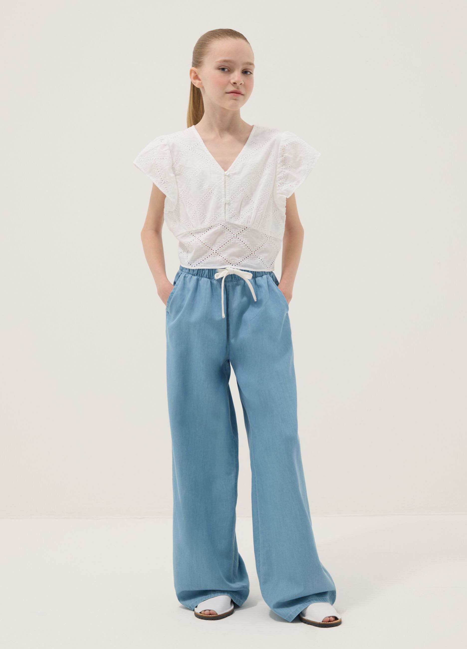 Hellblaue Wide-Leg-Jeanshose aus reiner Baumwolle f&uuml;r M&auml;dchen