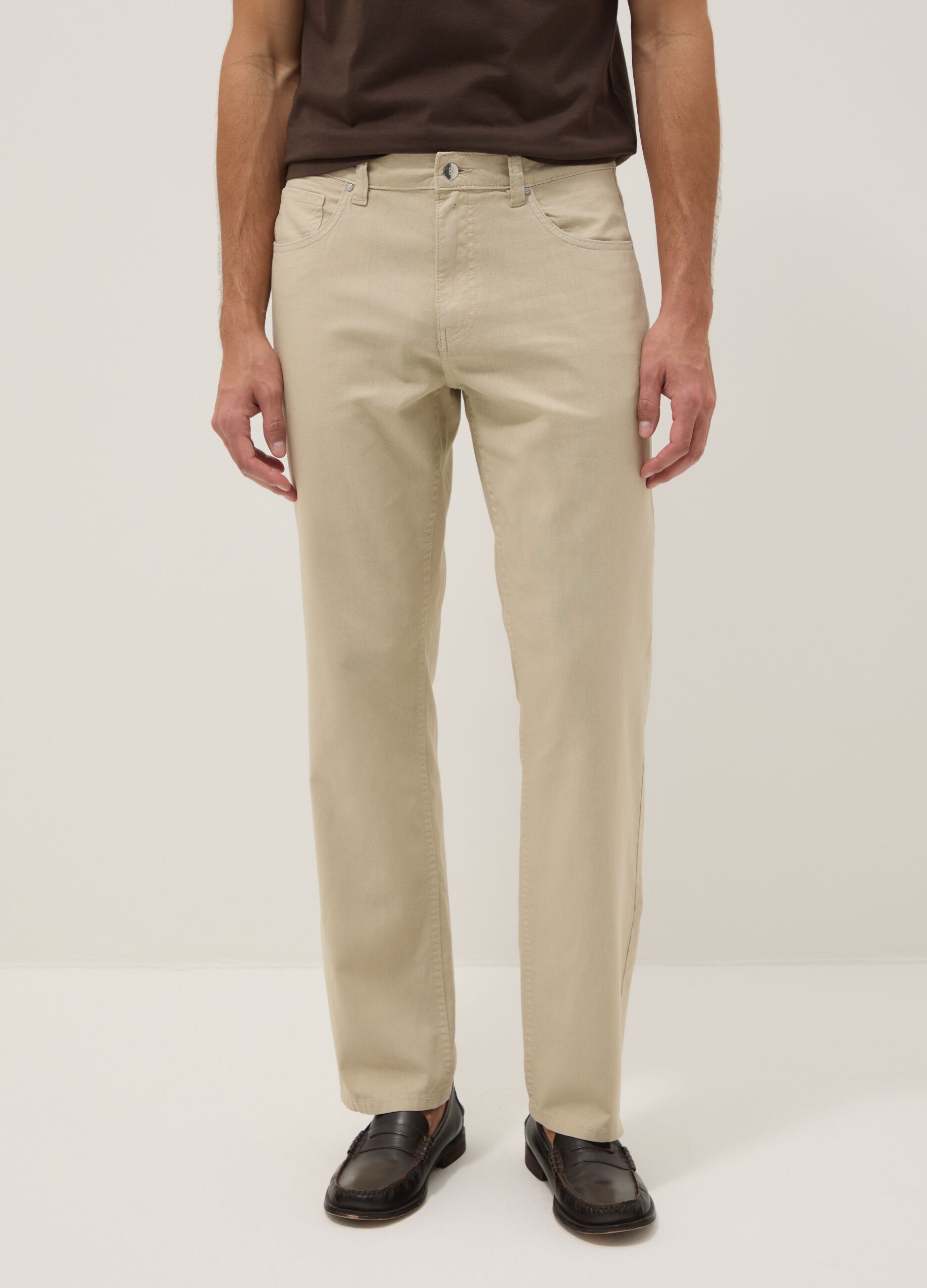 Beige casual linen-blend regular-fit trousers