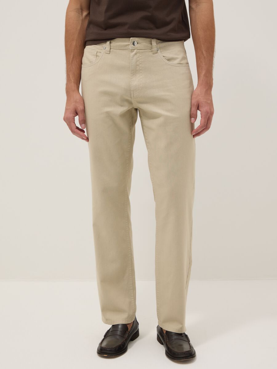 Beige casual linen-blend regular-fit trousers_1