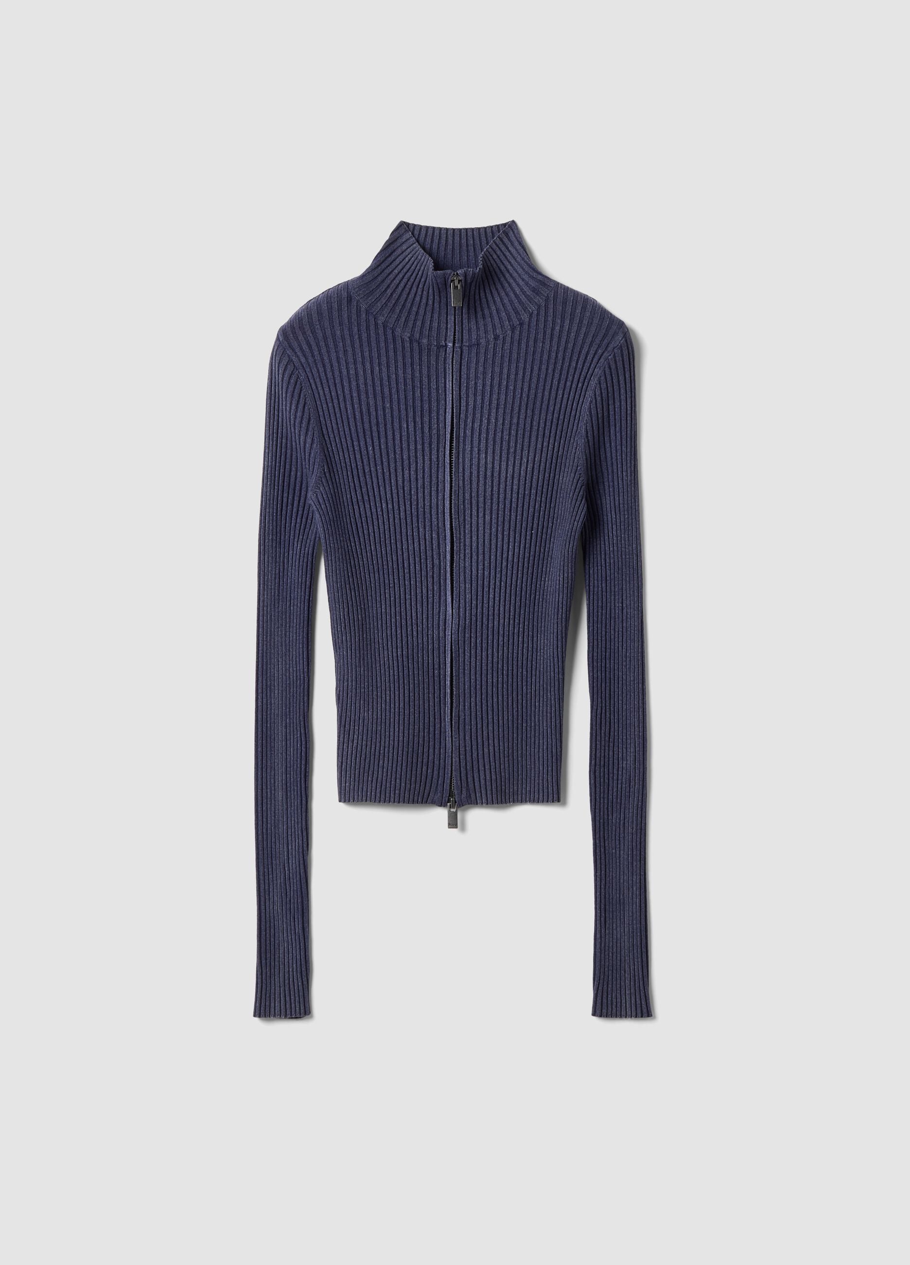 Twilight Blue Full-Zip Ribbed Knit