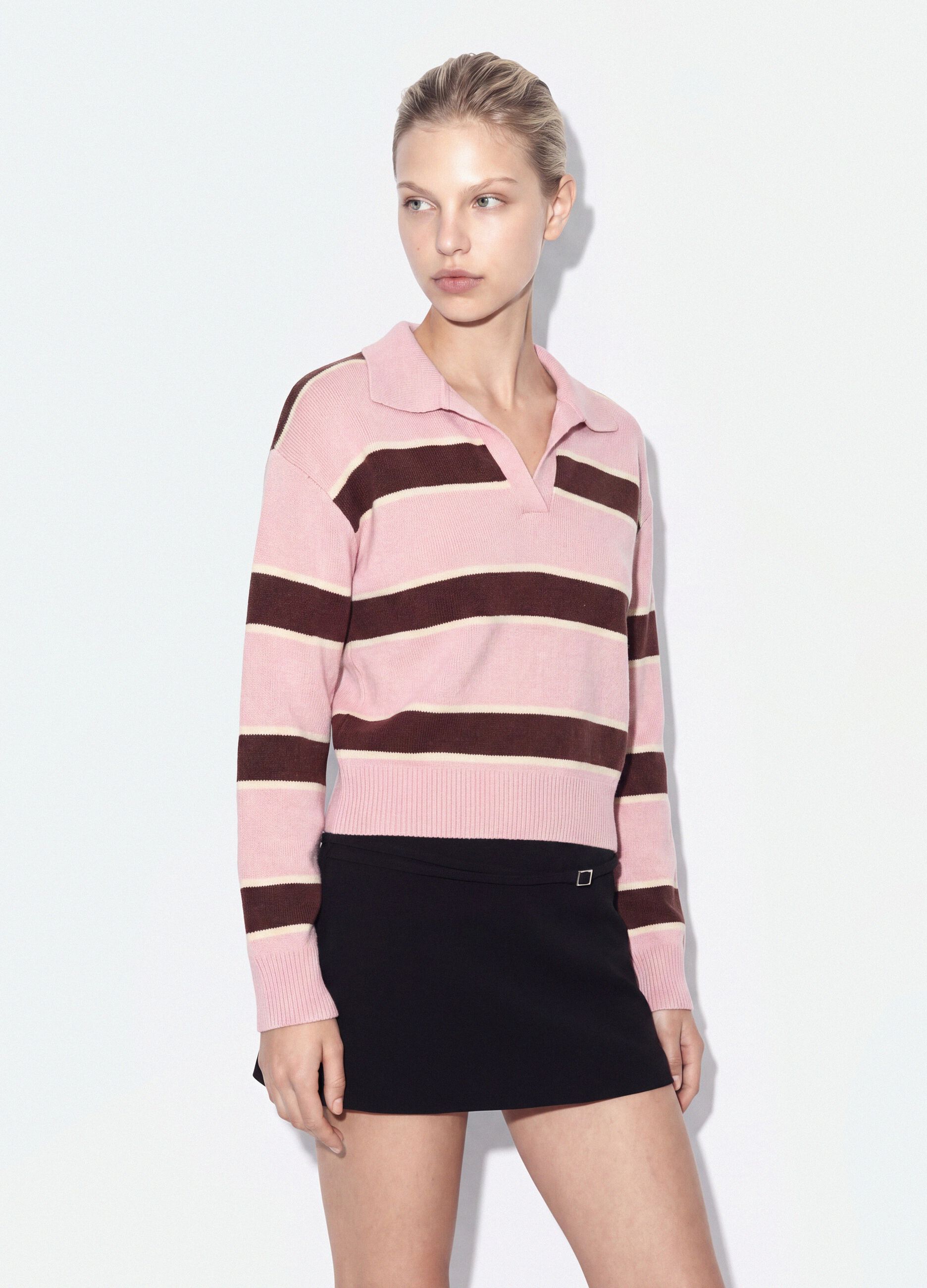 Pink striped viscose-blend polo-collar jumper, regular fit