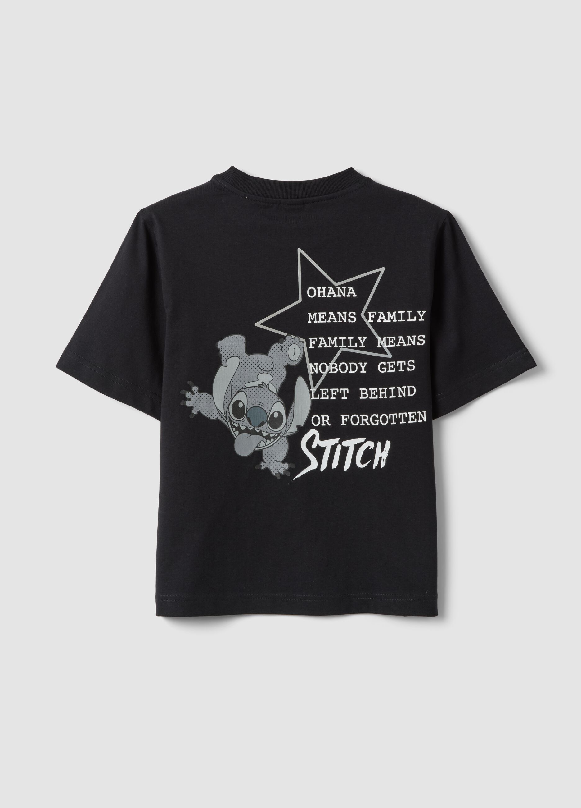 T-shirt preta boxy fit em algod&atilde;o puro com estampado Lilo & Stitch para rapariga