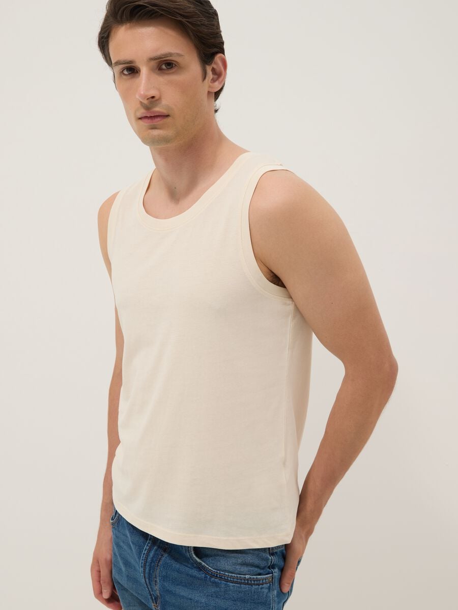Canotta girocollo beige in puro cotone regular fit_0