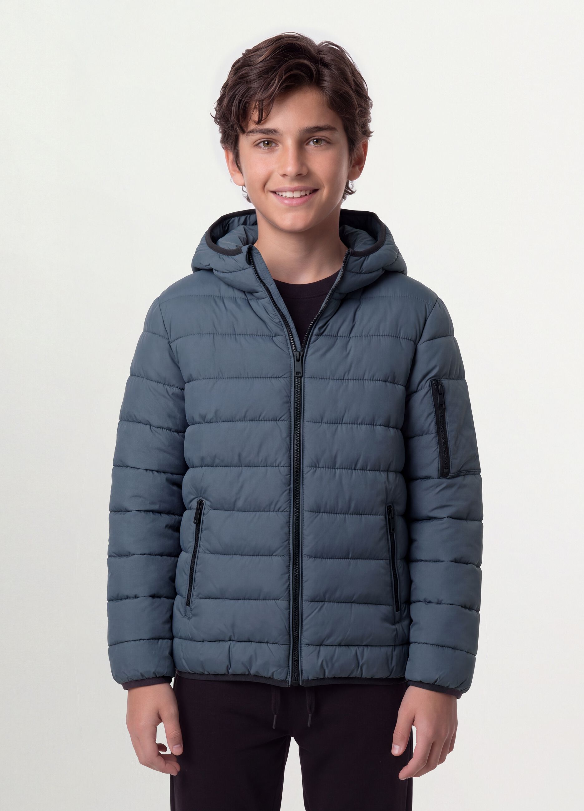 Grey Ultralight padded hooded jacket with zip for boys