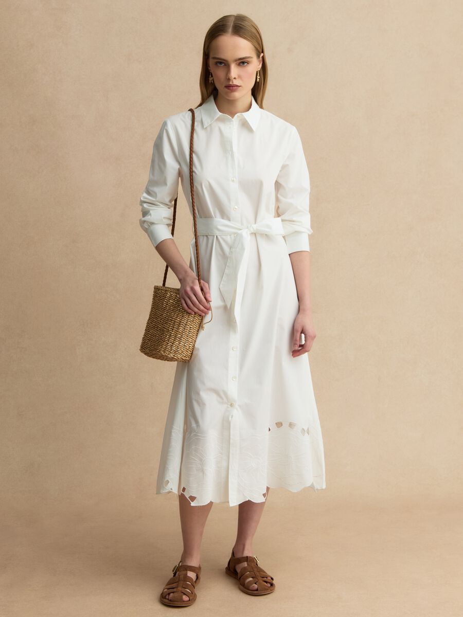 Bijela duga haljina od čistog pamuka, regular kroja, s vezom_0