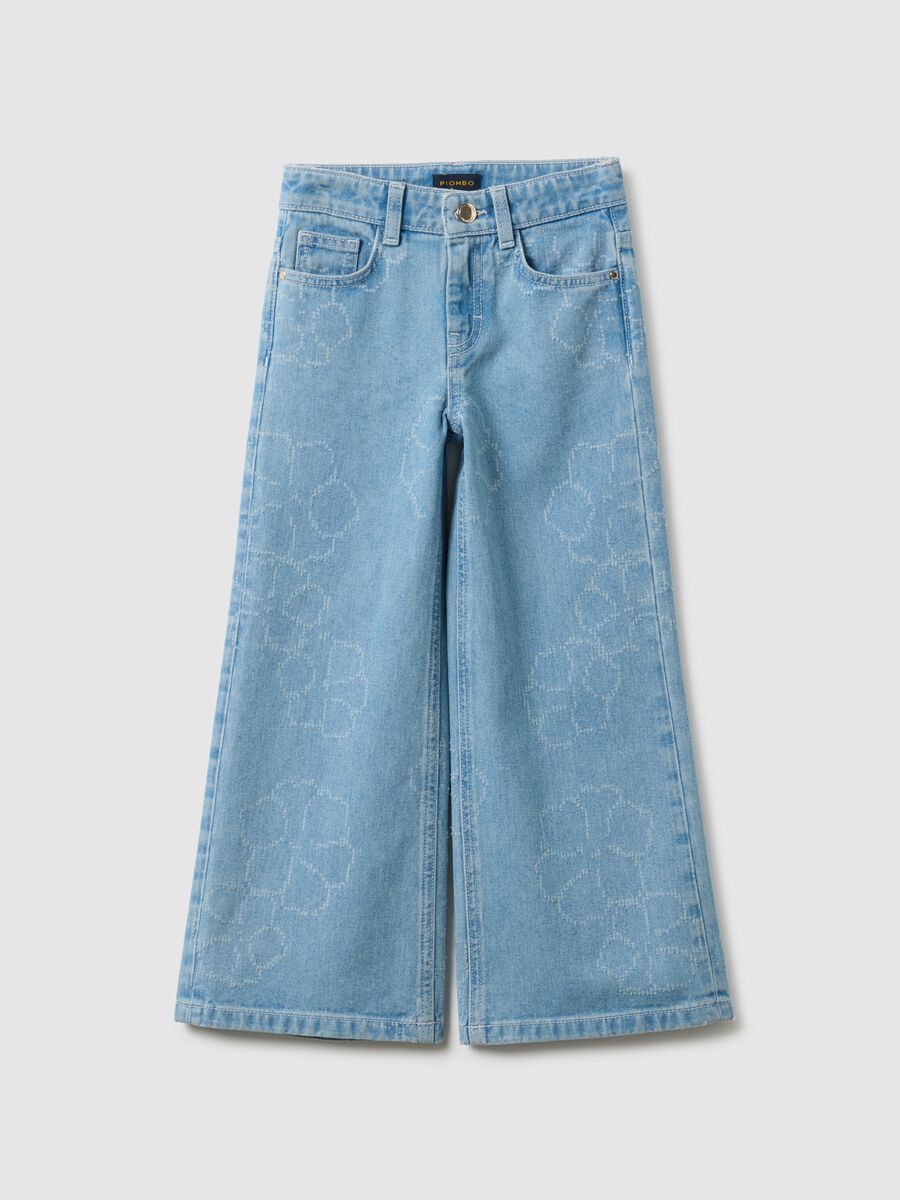 Girls' wide-leg light blue pure cotton jeans with floral print_0