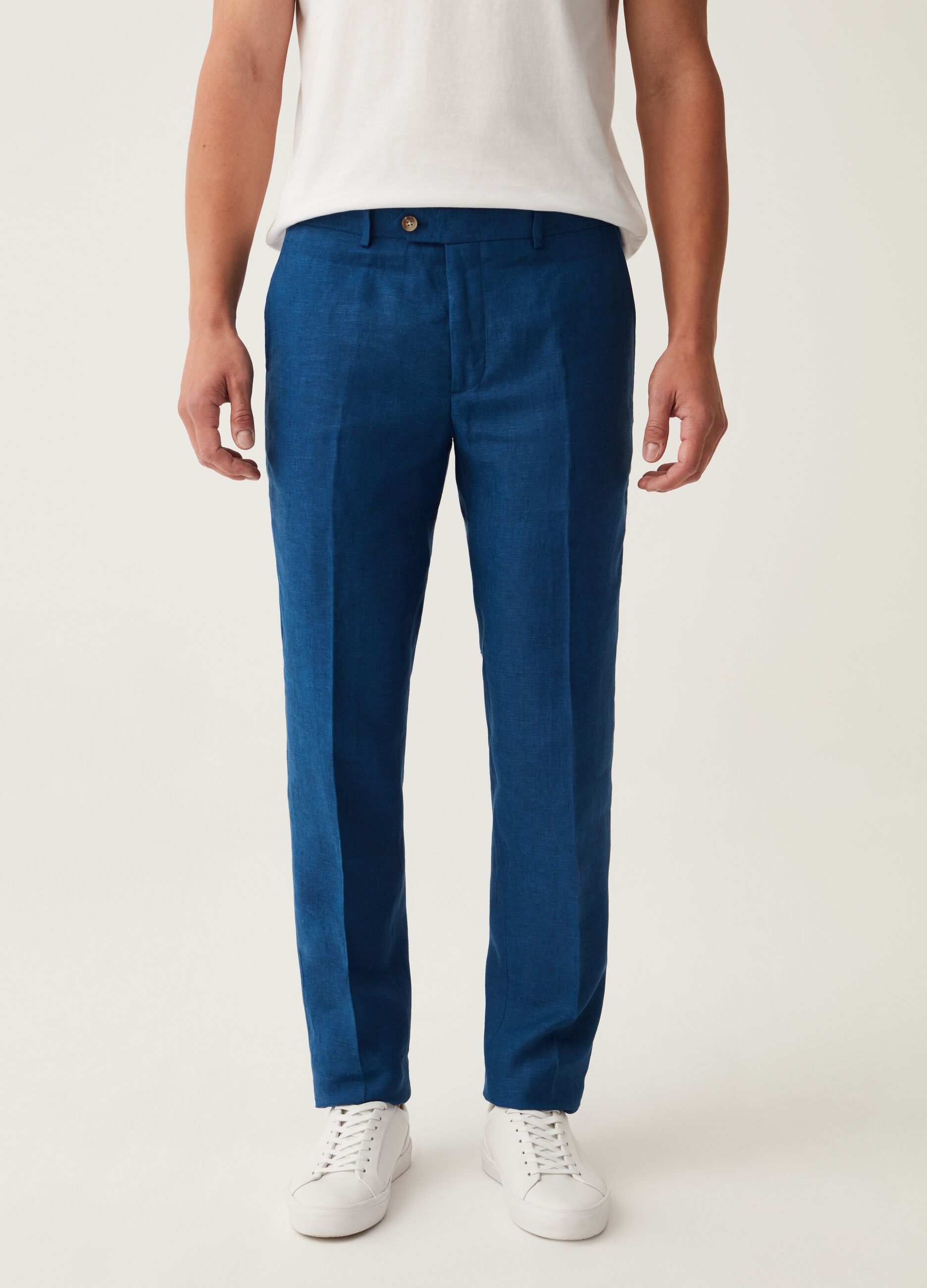 Pantalón slim fit de lino teñido en hilo azul eléctrico