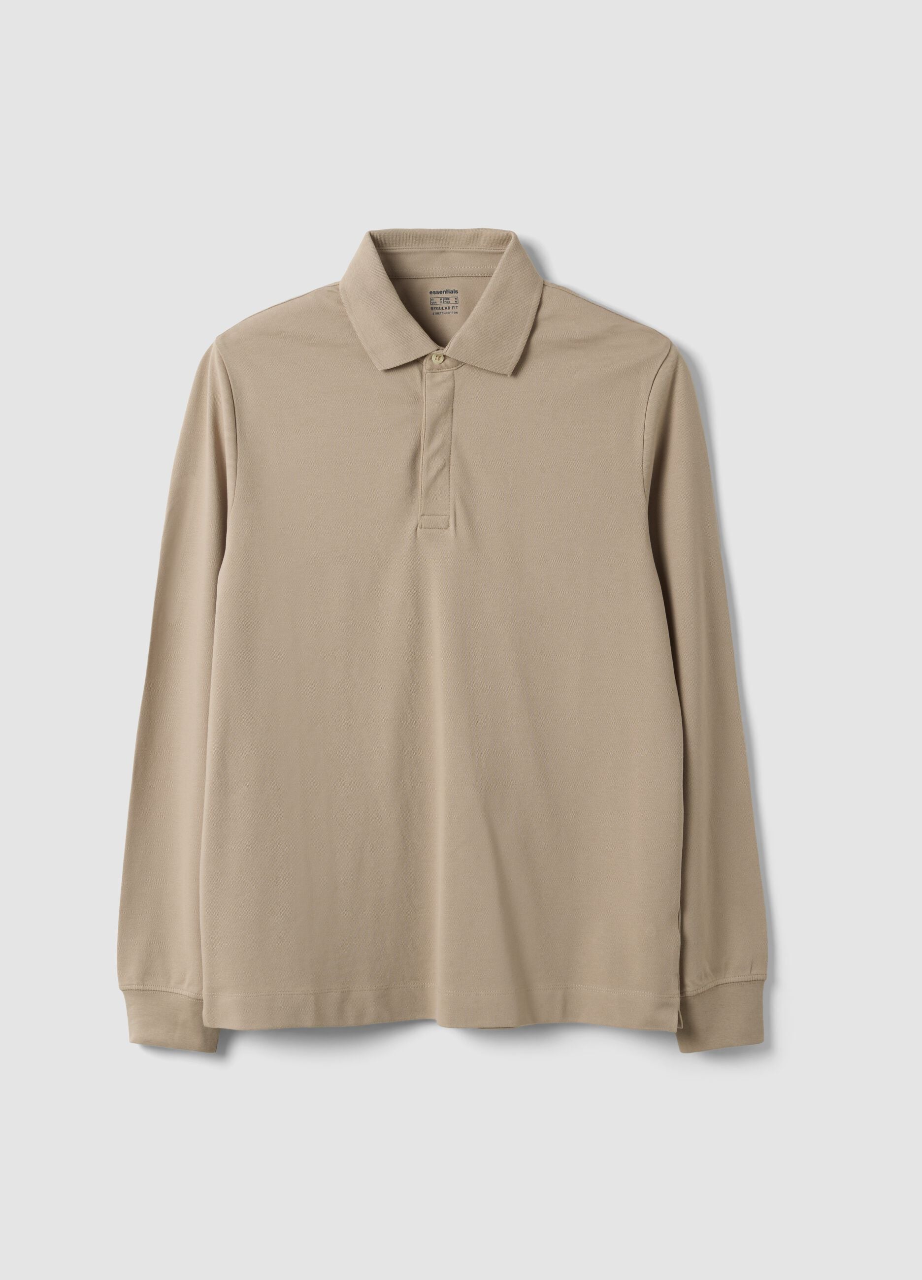Grey long-sleeve stretch-cotton polo shirt, regular fit