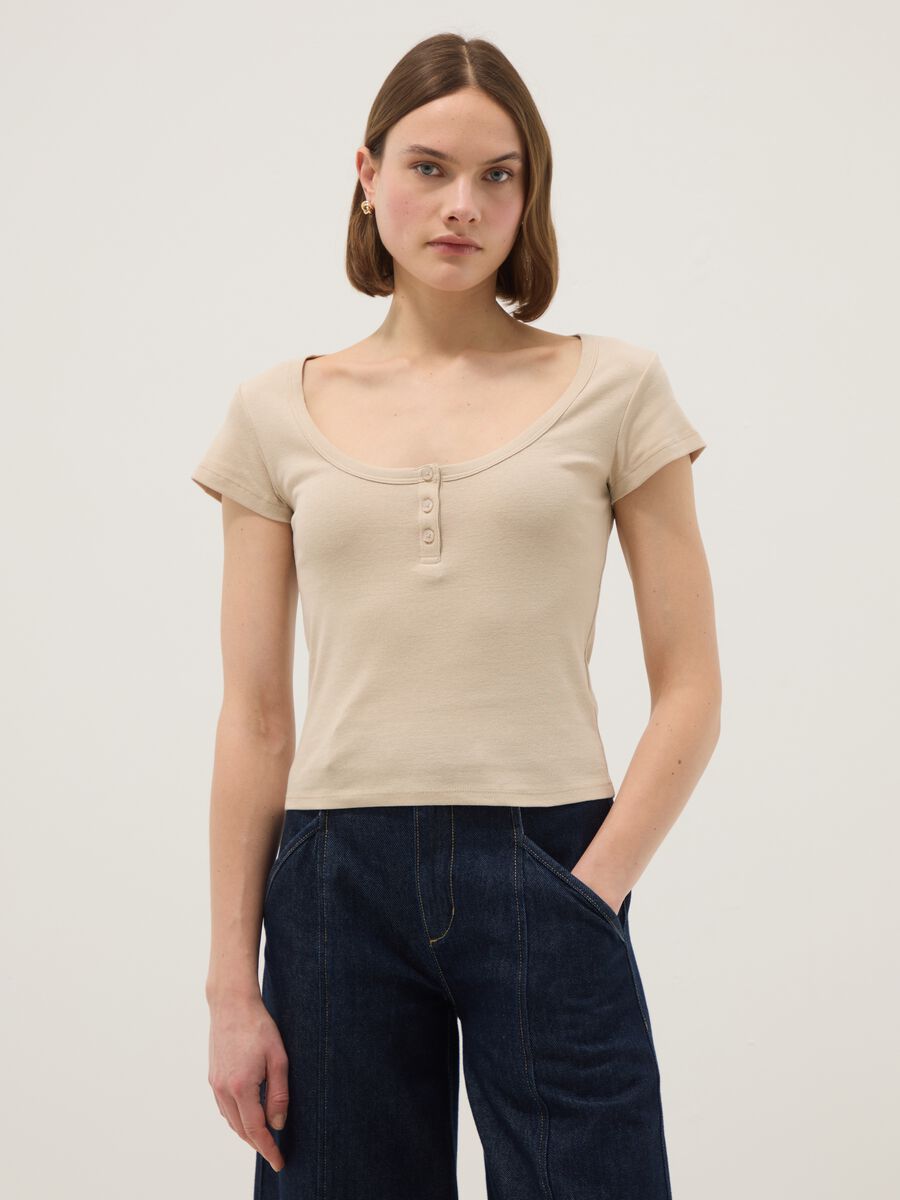 Beige pure cotton T-shirt regular fit with deep Henley neckline_0