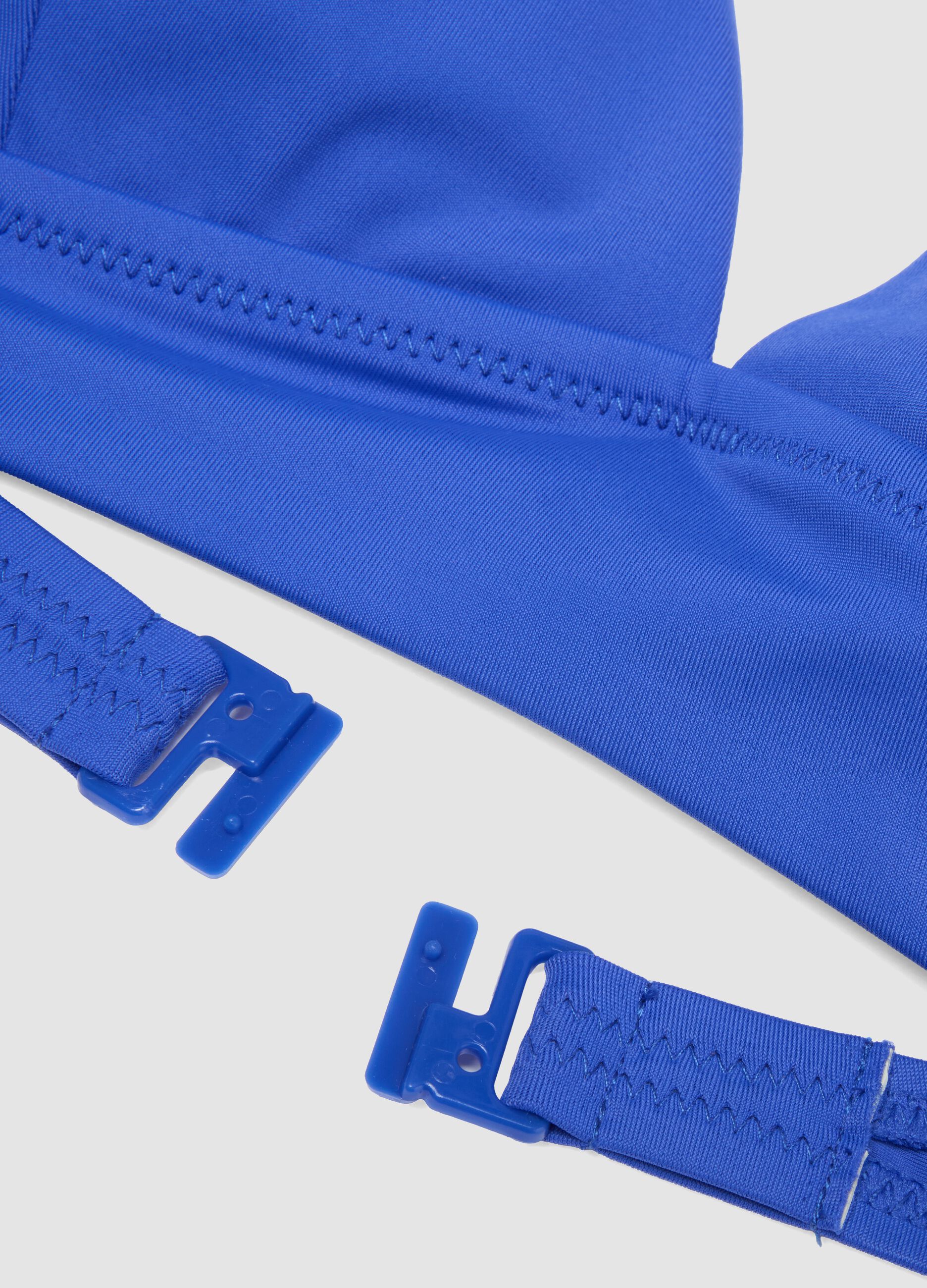 Blue stretch bikini top with adjustable tie straps