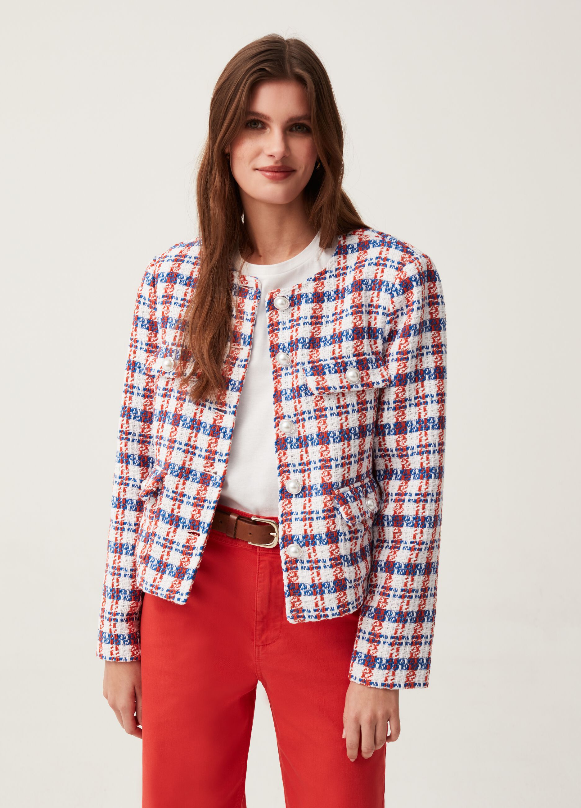 Short check jacket with pearl buttons