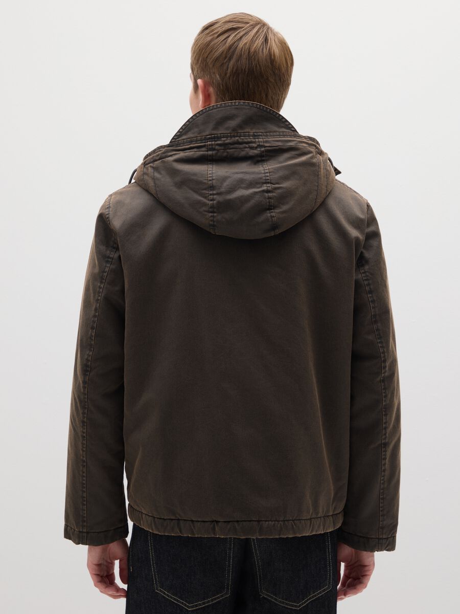 Brown cotton blend regular fit heavy parka jacket with zip_2