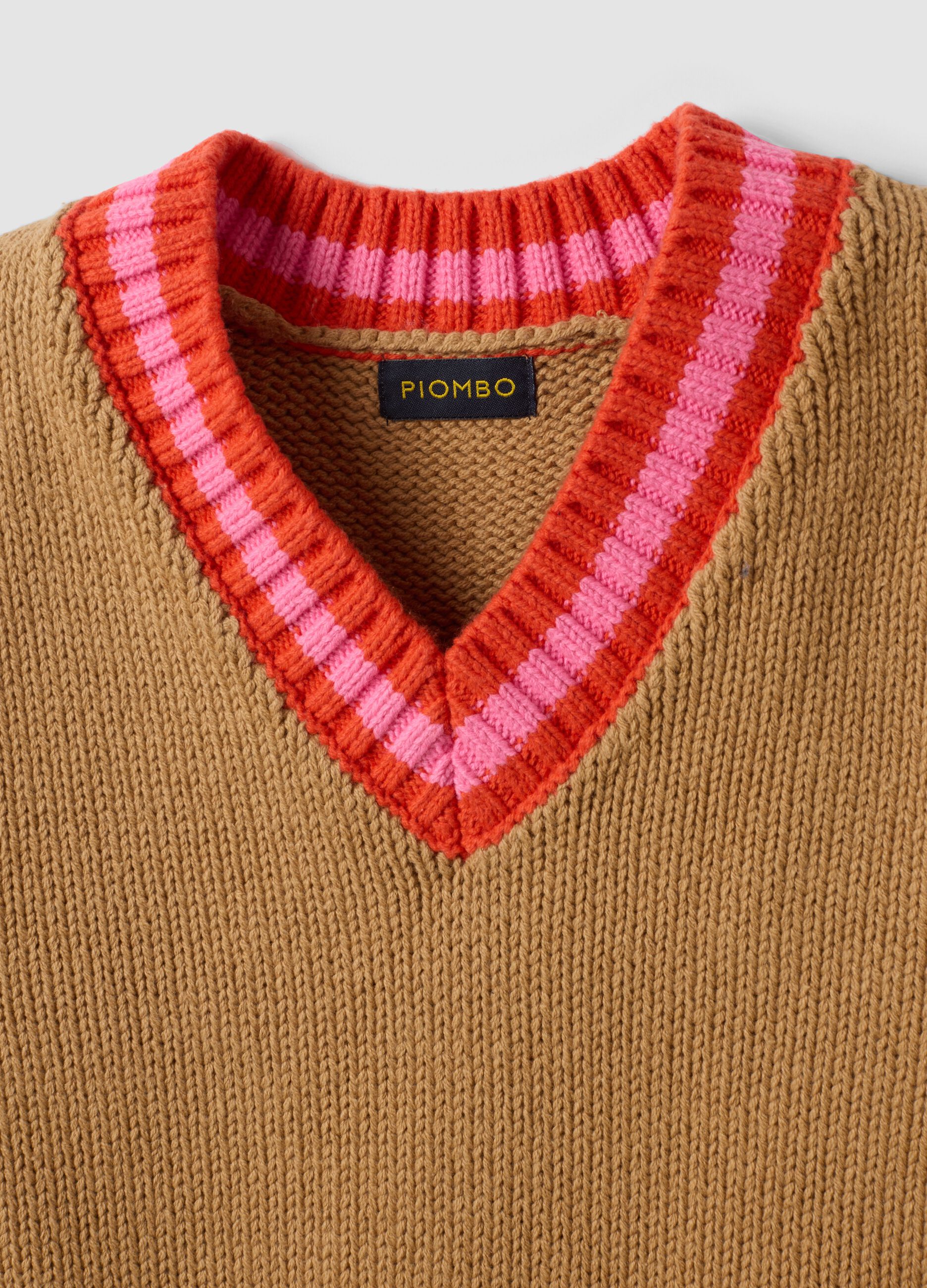 Gilet marrone in misto cotone con scollo a V e profilo a contrasto per bambina
