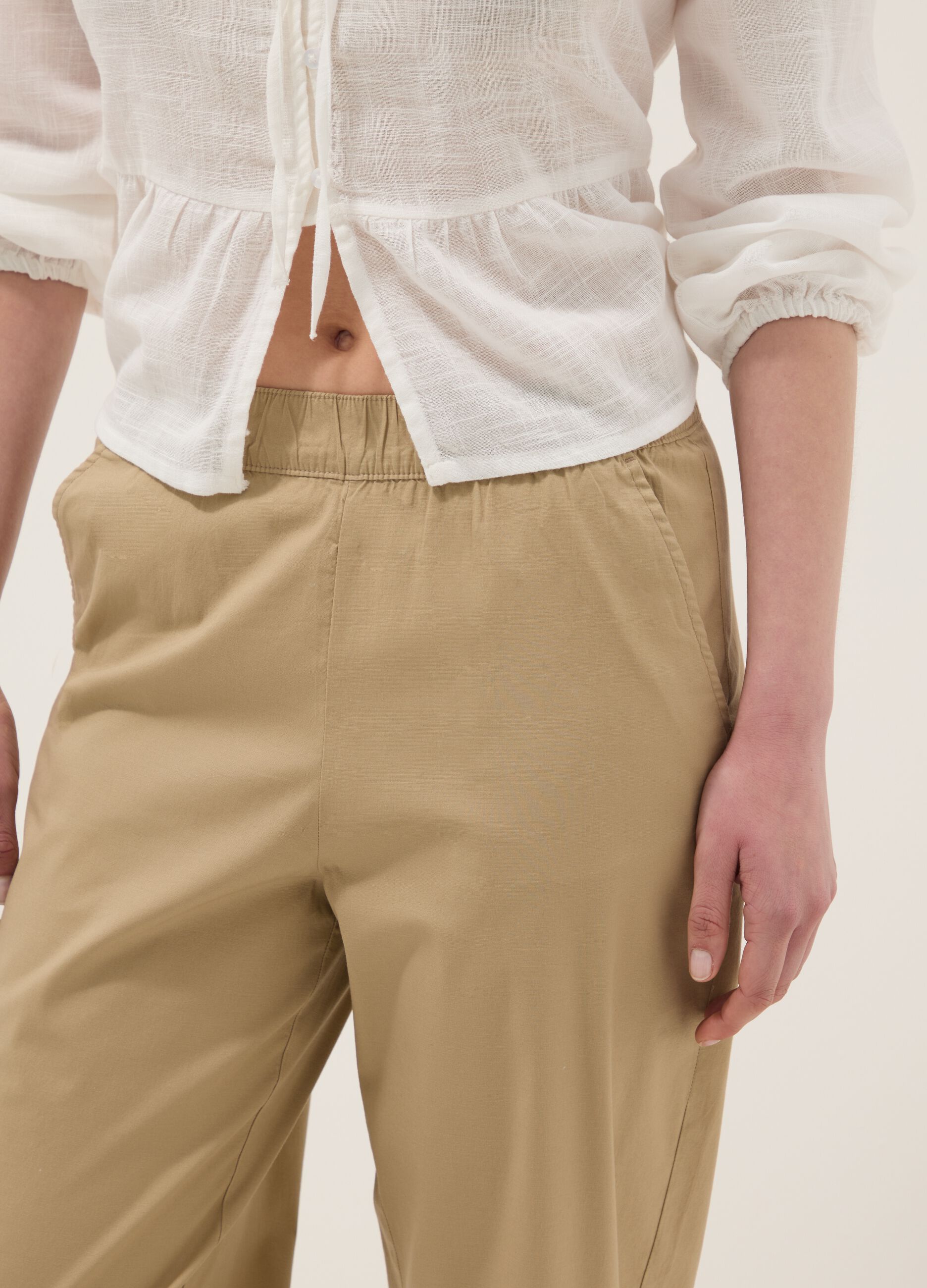 Beige stretch-cotton trousers with elasticated waistband