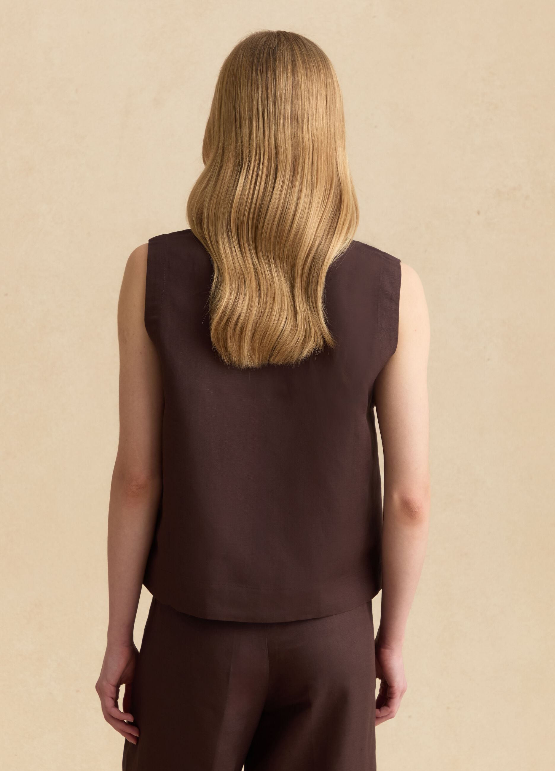 Top castanho oversized em mistura de linho e viscose