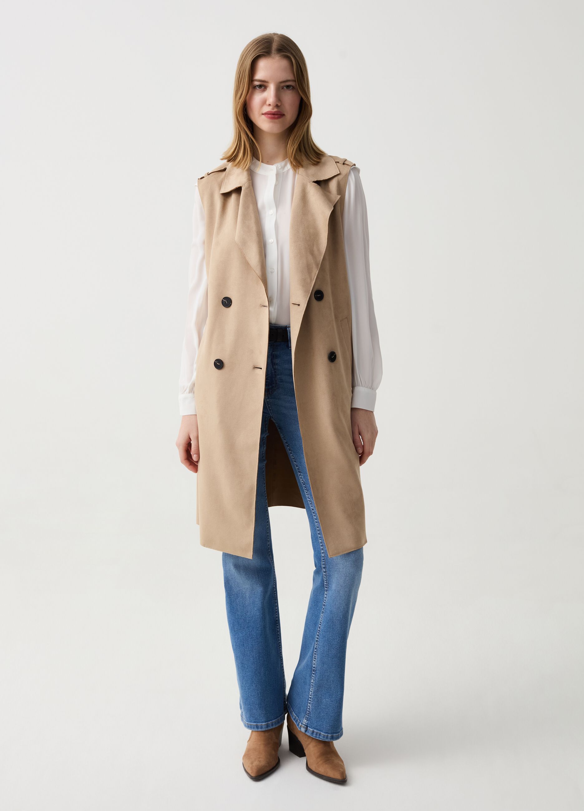 Long double-breasted gilet in suede