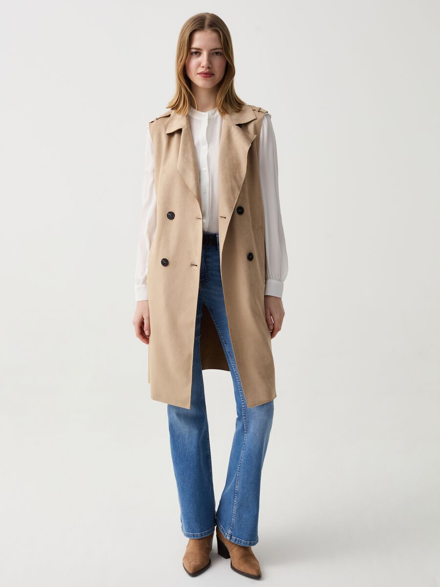 Long double-breasted gilet in suede_0