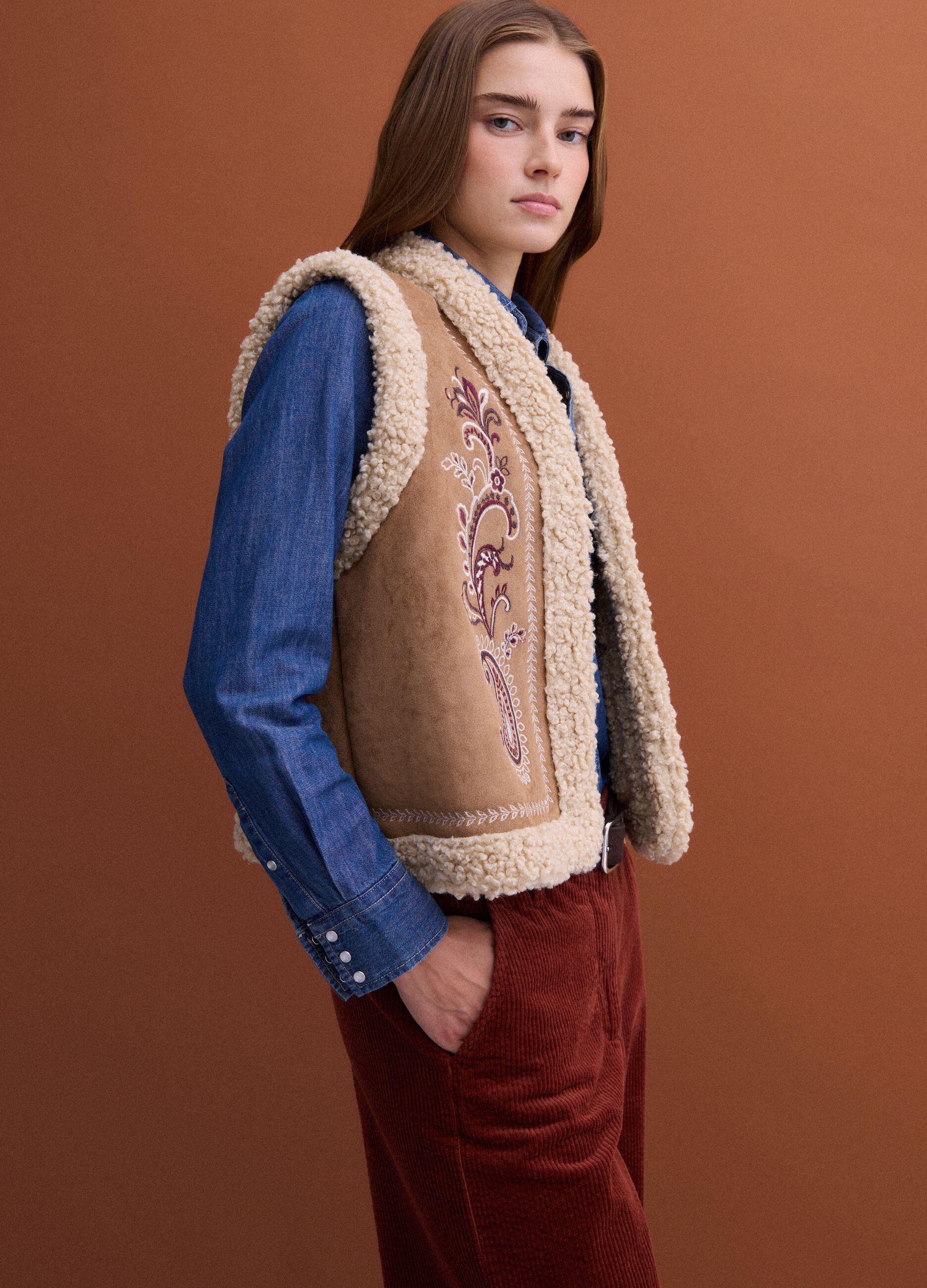 Brown regular-fit gilet with embroidery and contrast shearling-effect trims