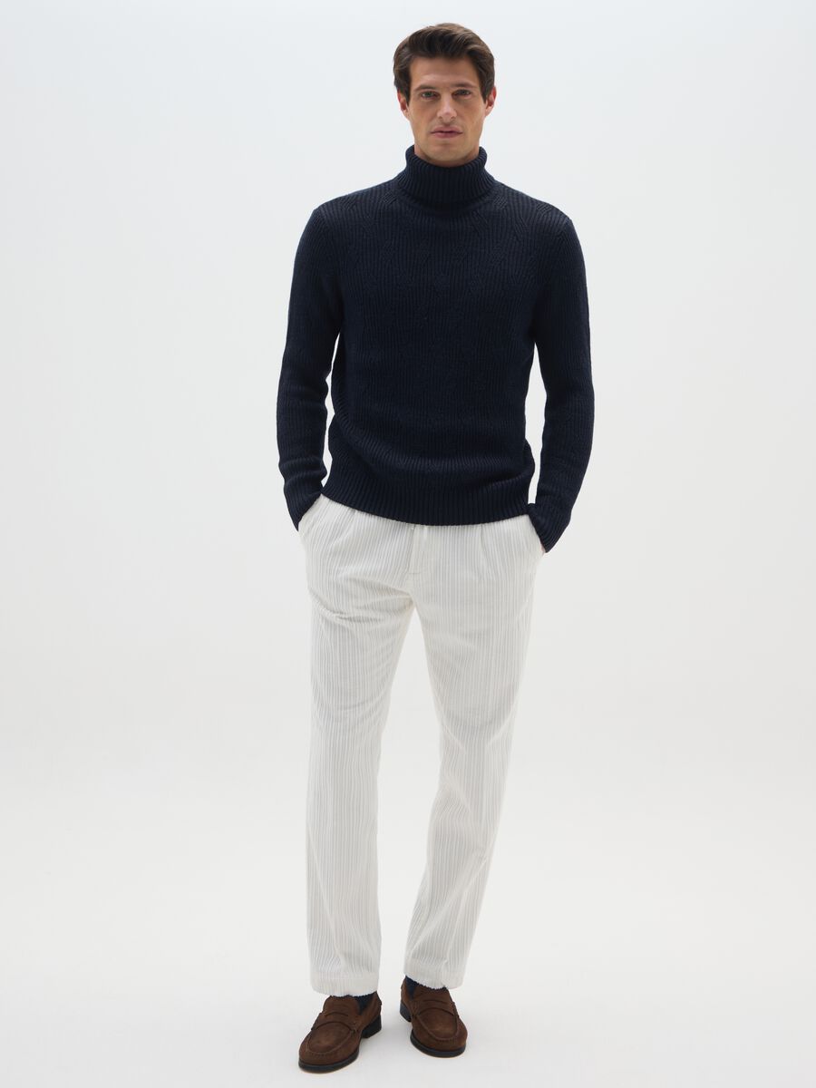 White pure cotton regular fit corduroy trousers_0