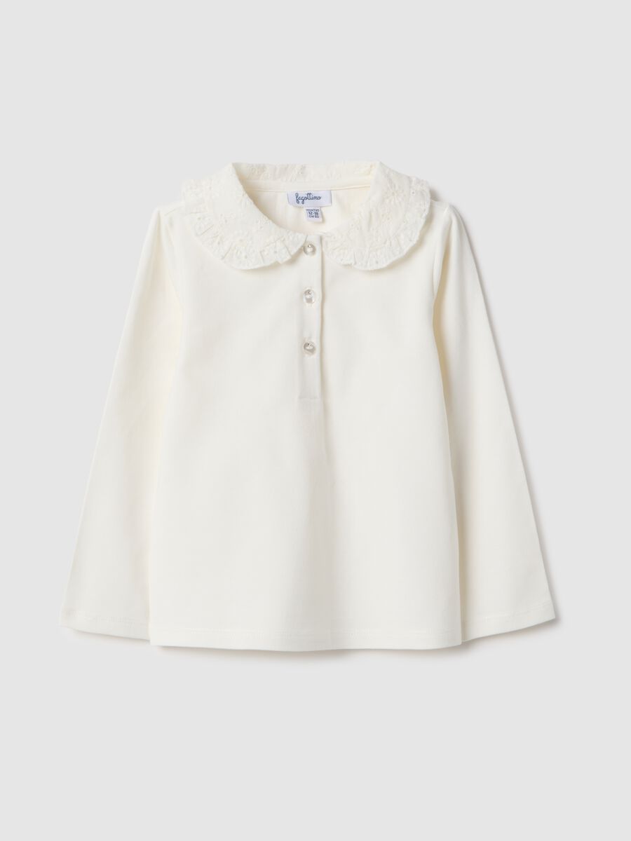 Girl's regular fit white cotton blend polo with lace collar_0