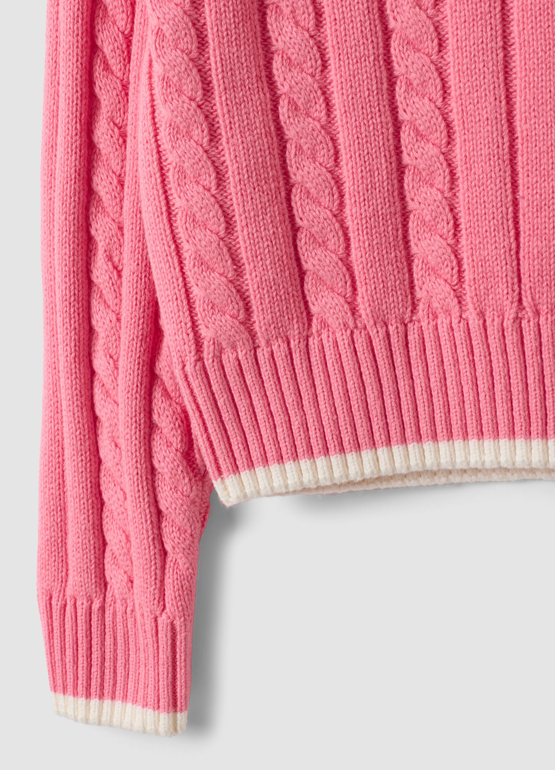 Pink pure cotton cable-knit V-neck jumper for girls