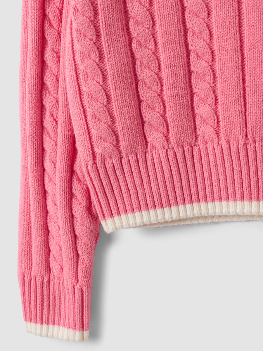 Pink pure cotton cable-knit V-neck jumper for girls_3