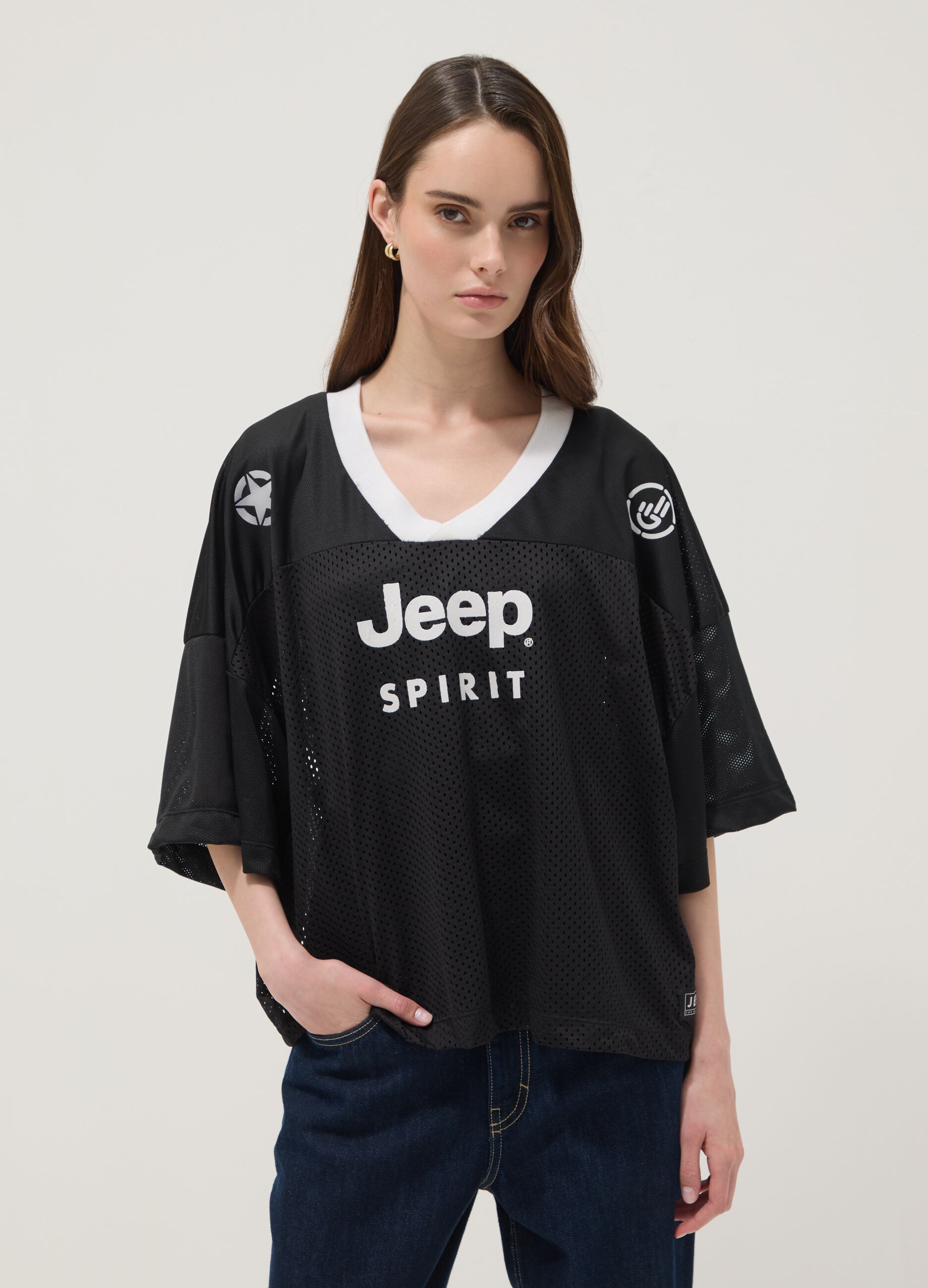 Black short-sleeve T-shirt with perforated insert, regular fit