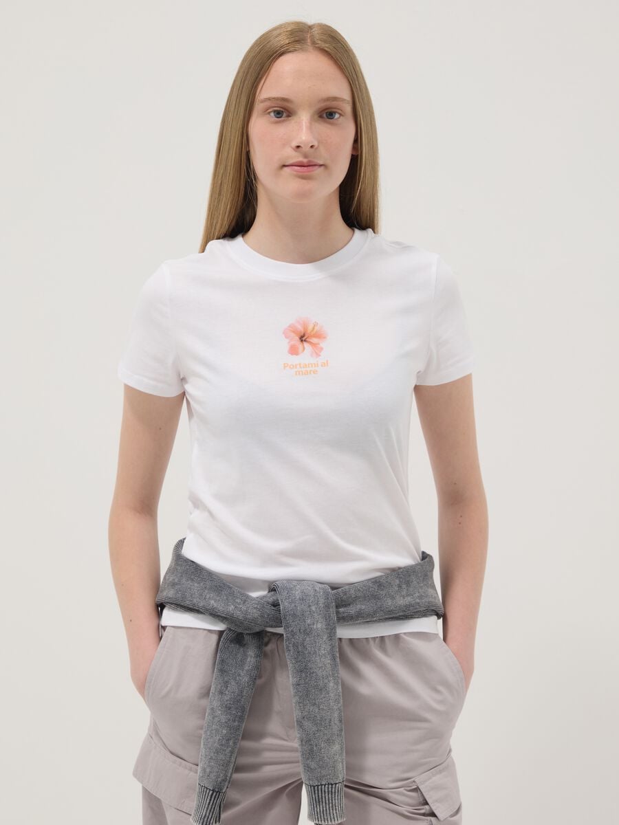 White pure cotton T-shirt with front print_0