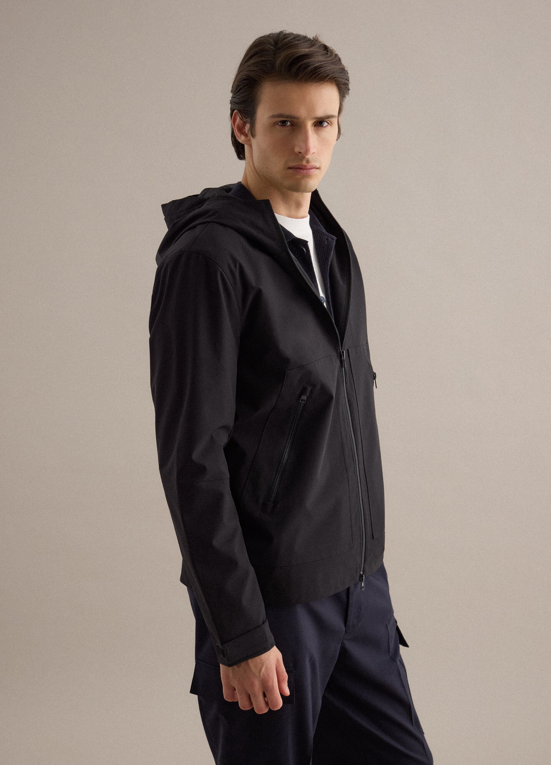 Black regular fit jacket with hood and zip