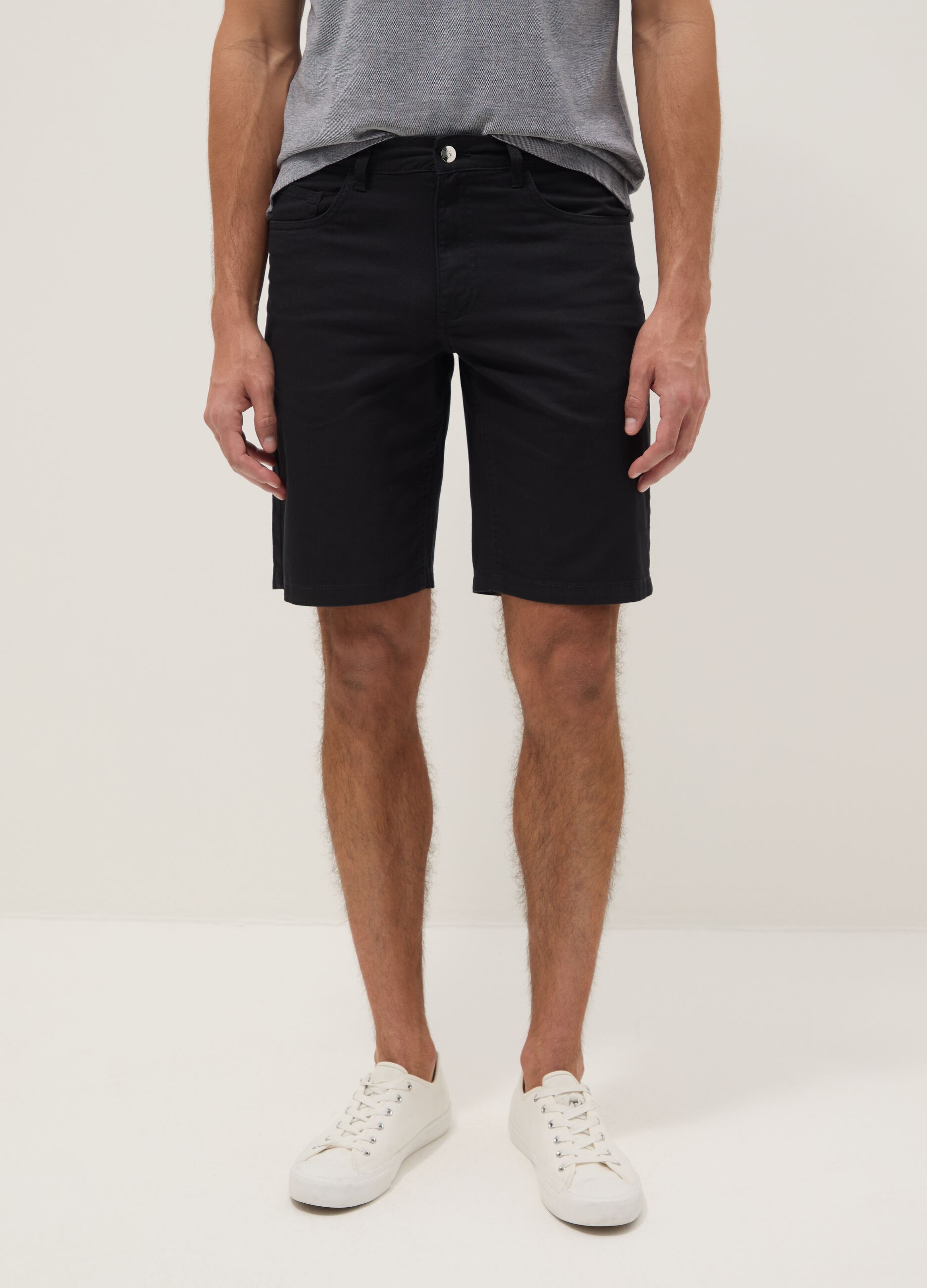Blue pure cotton regular-fit five-pocket Bermuda shorts