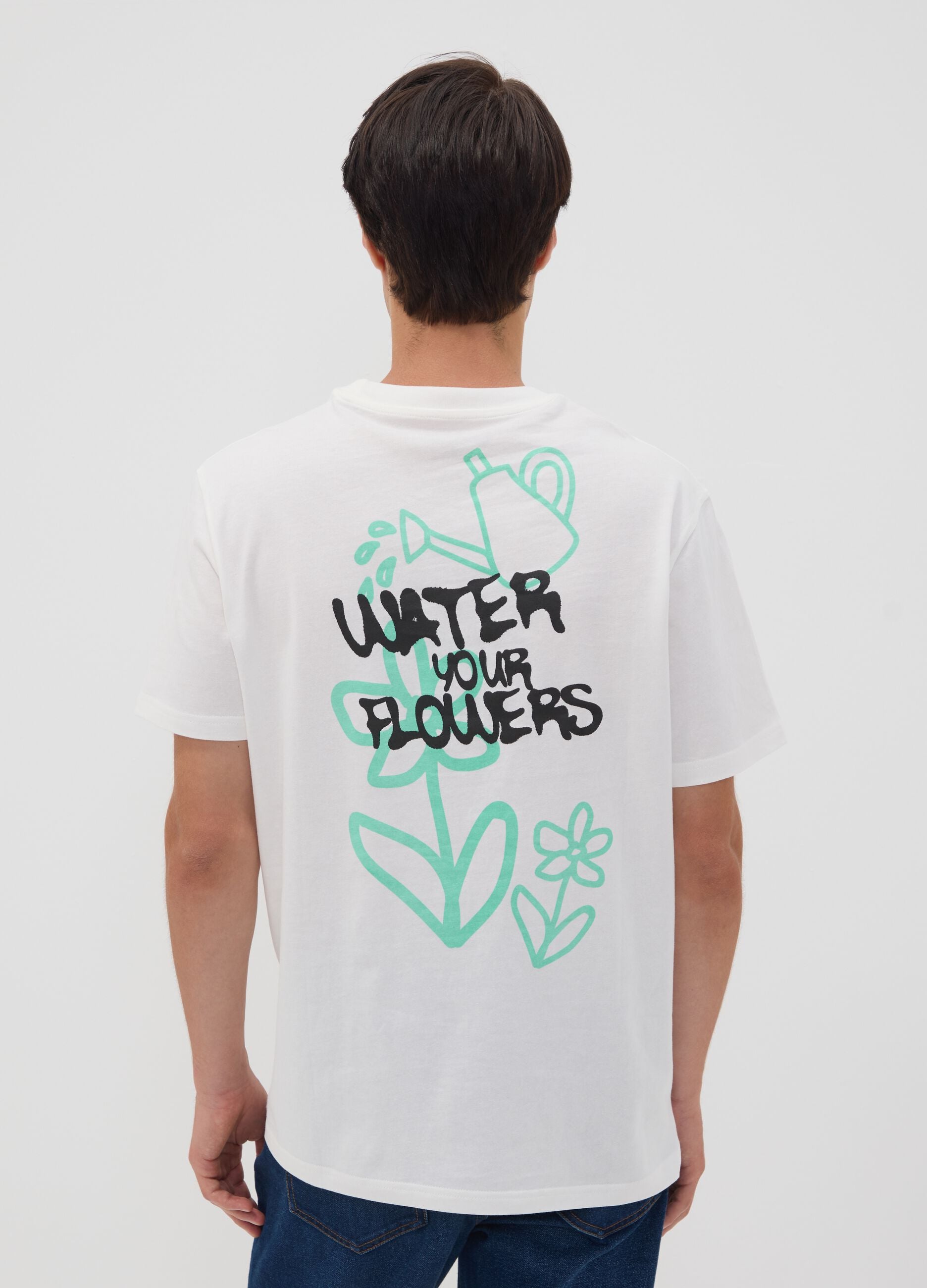 T-shirt bianca in puro cotone jersey e stampa "Water your Flowers" regular fit