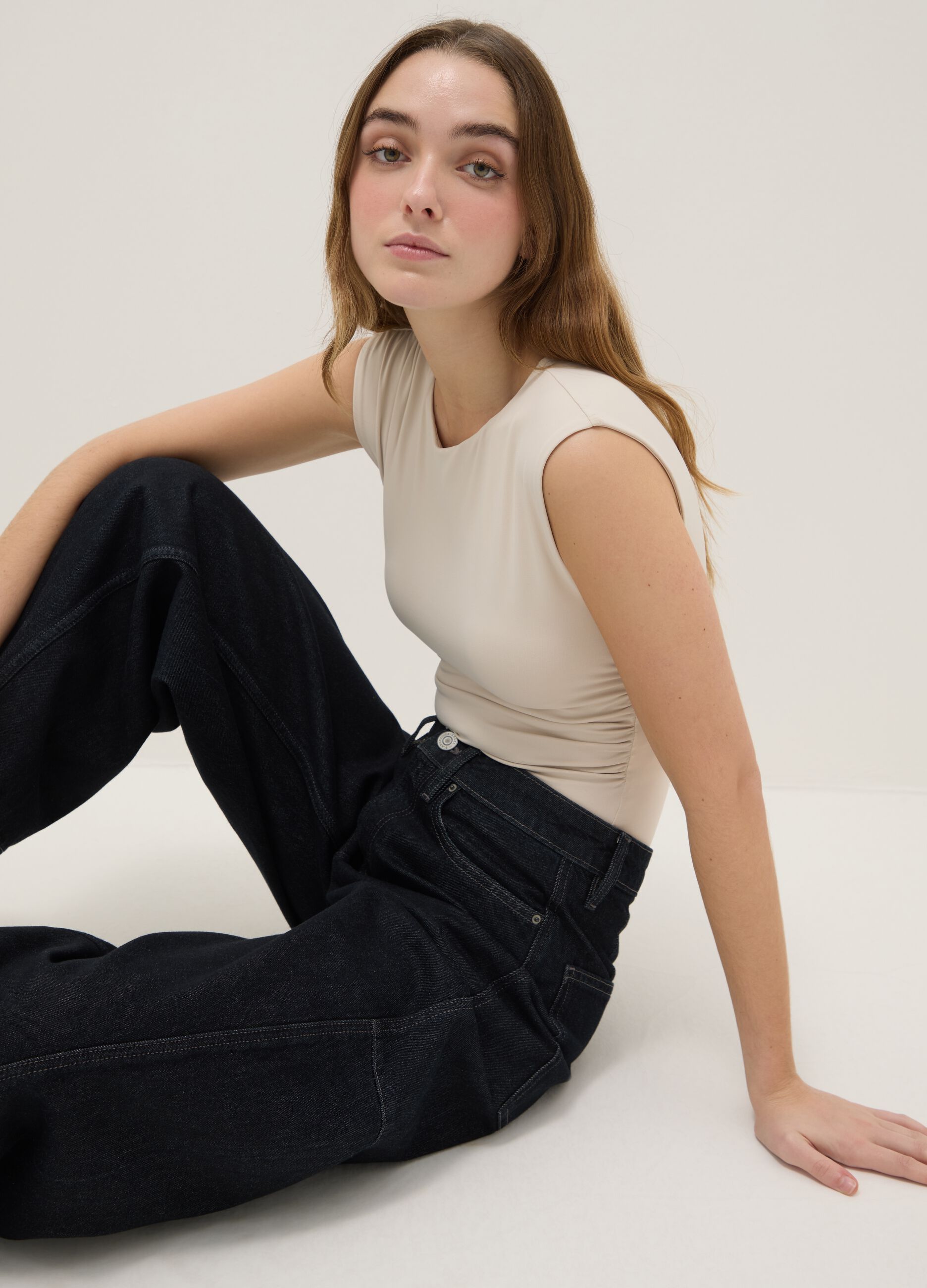 Beige stretch fabric bodysuit regular fit