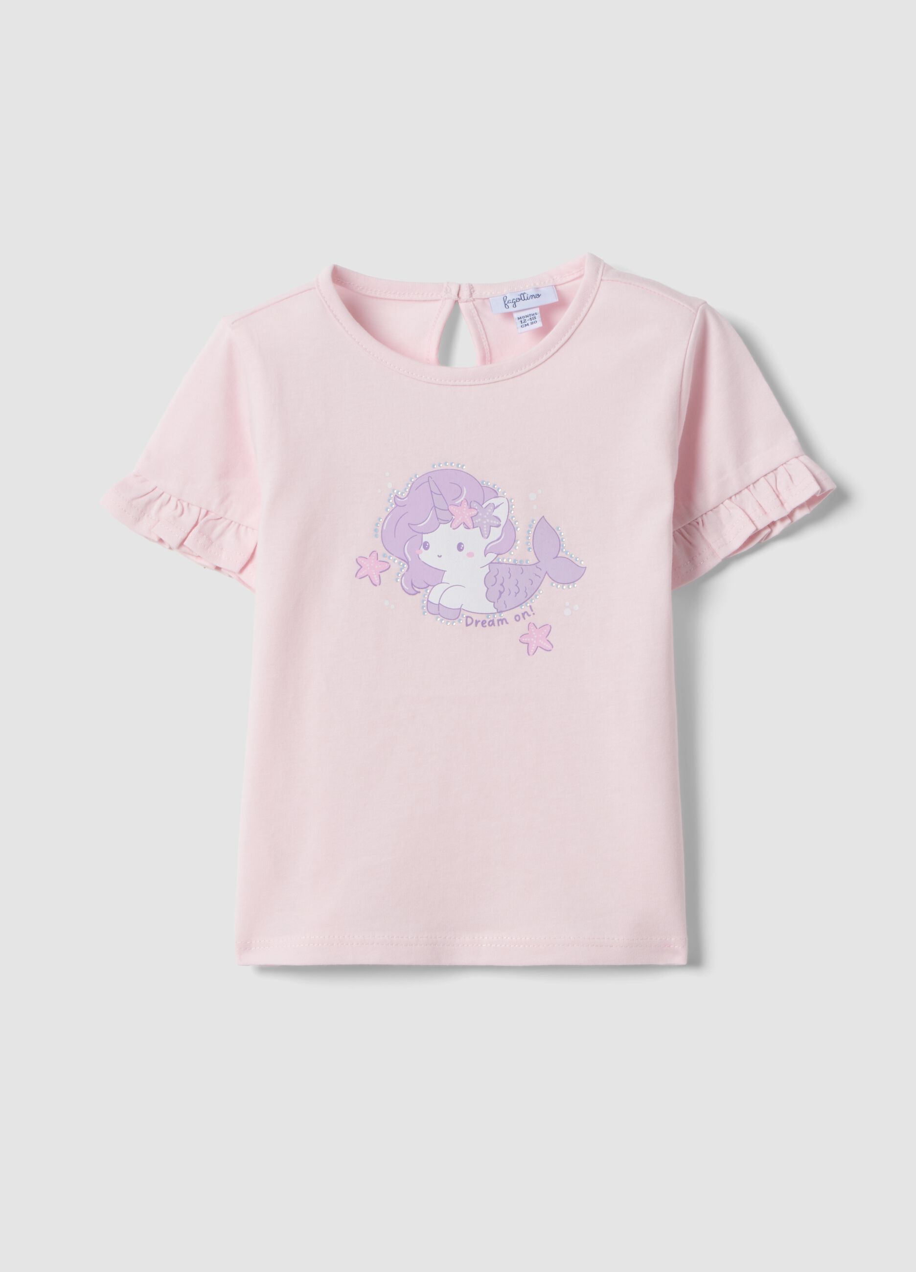 T-shirt rosa em puro algod&atilde;o org&acirc;nico para beb&eacute; menina com estampado e folhos